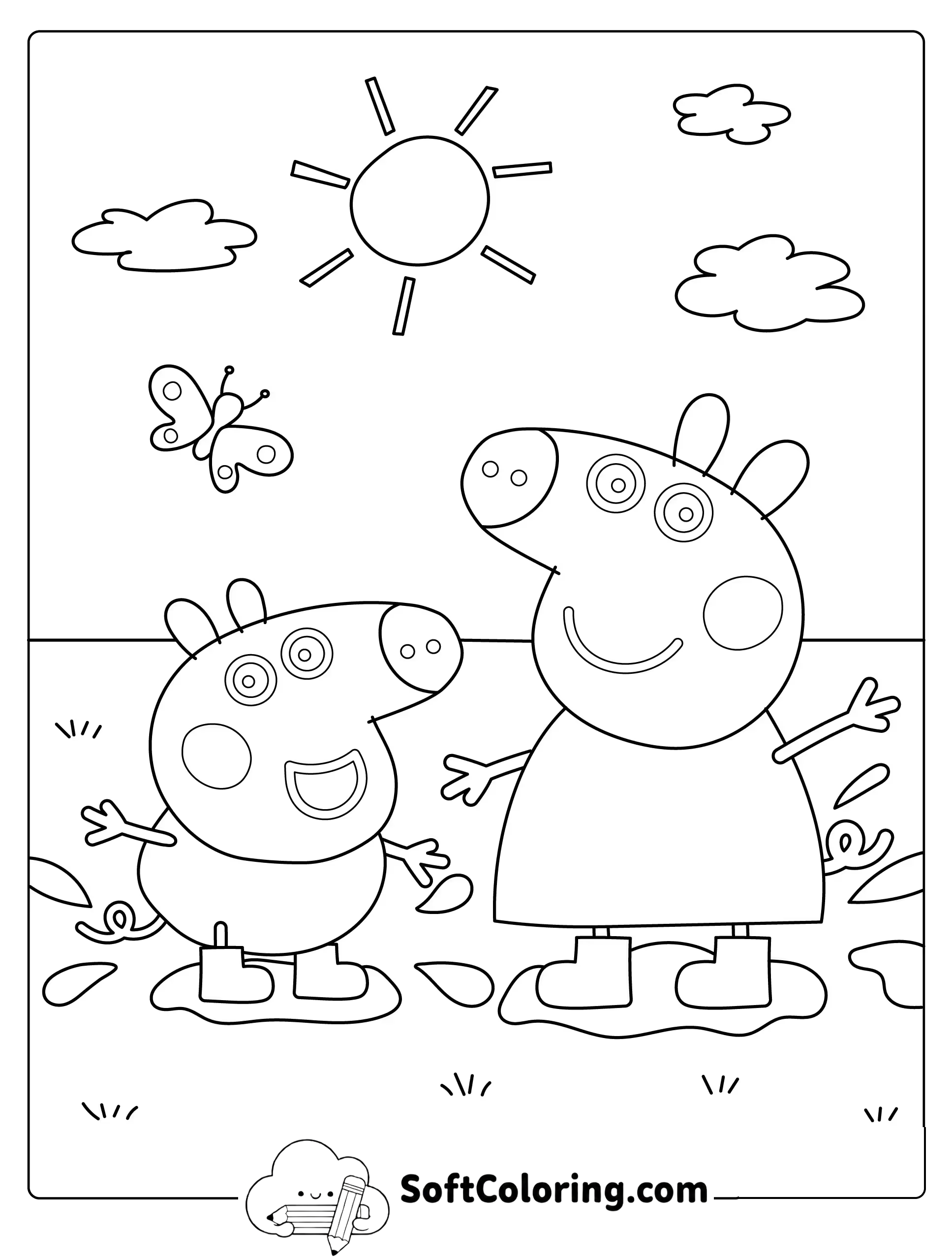Peppa and George Playing Outdoors Coloring Page