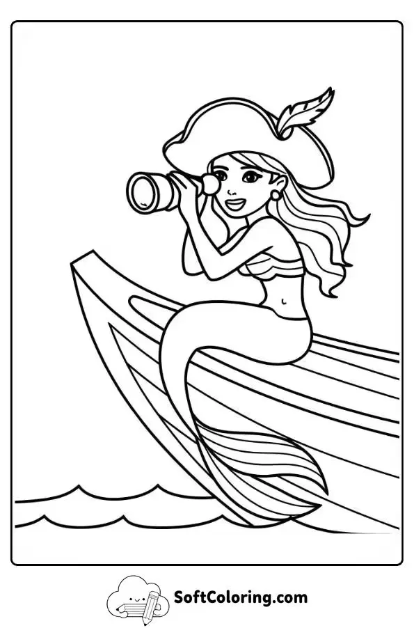 Pirate Mermaid Navigating A Ship Coloring Page