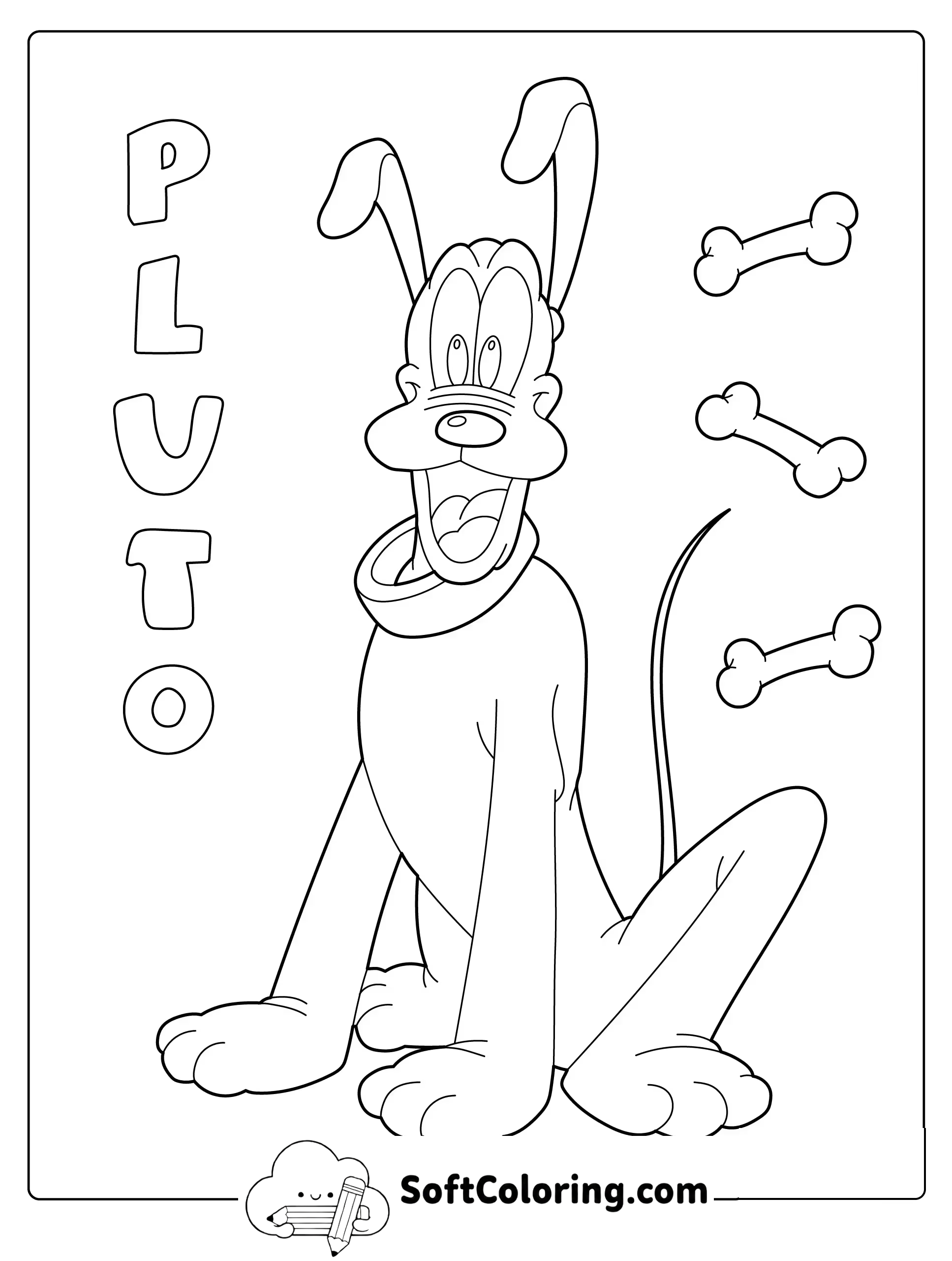 Pluto with Bones Coloring Page