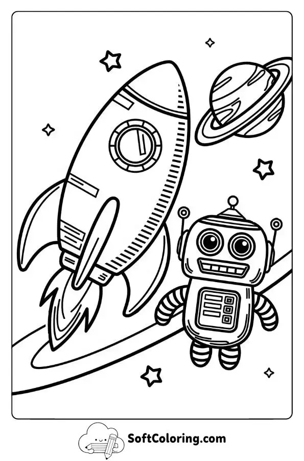 Rocket And Space Robot On A Mission