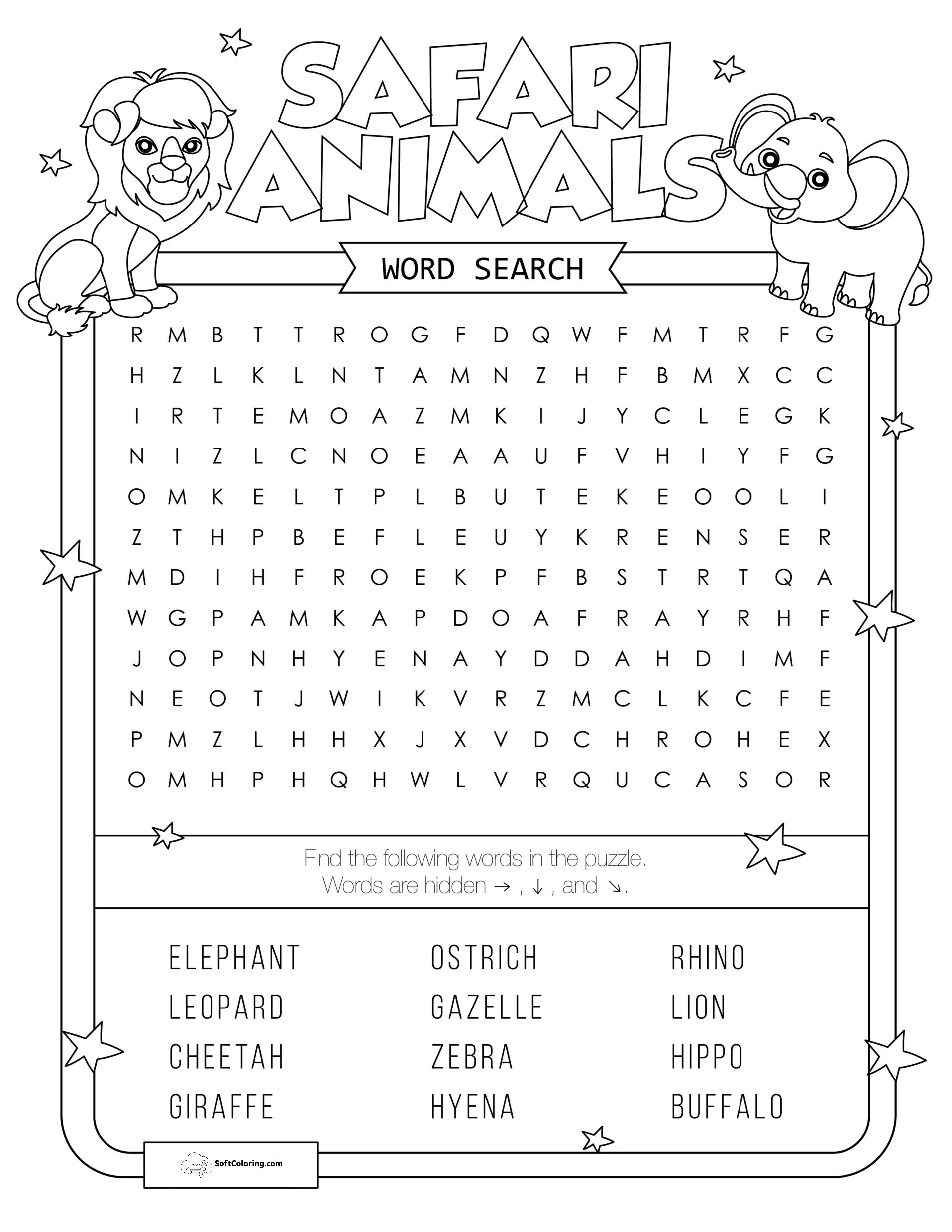 Safari Animals Word Search Puzzle