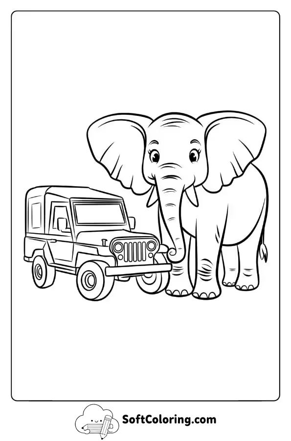 Safari Elephant Next To A Jeep
