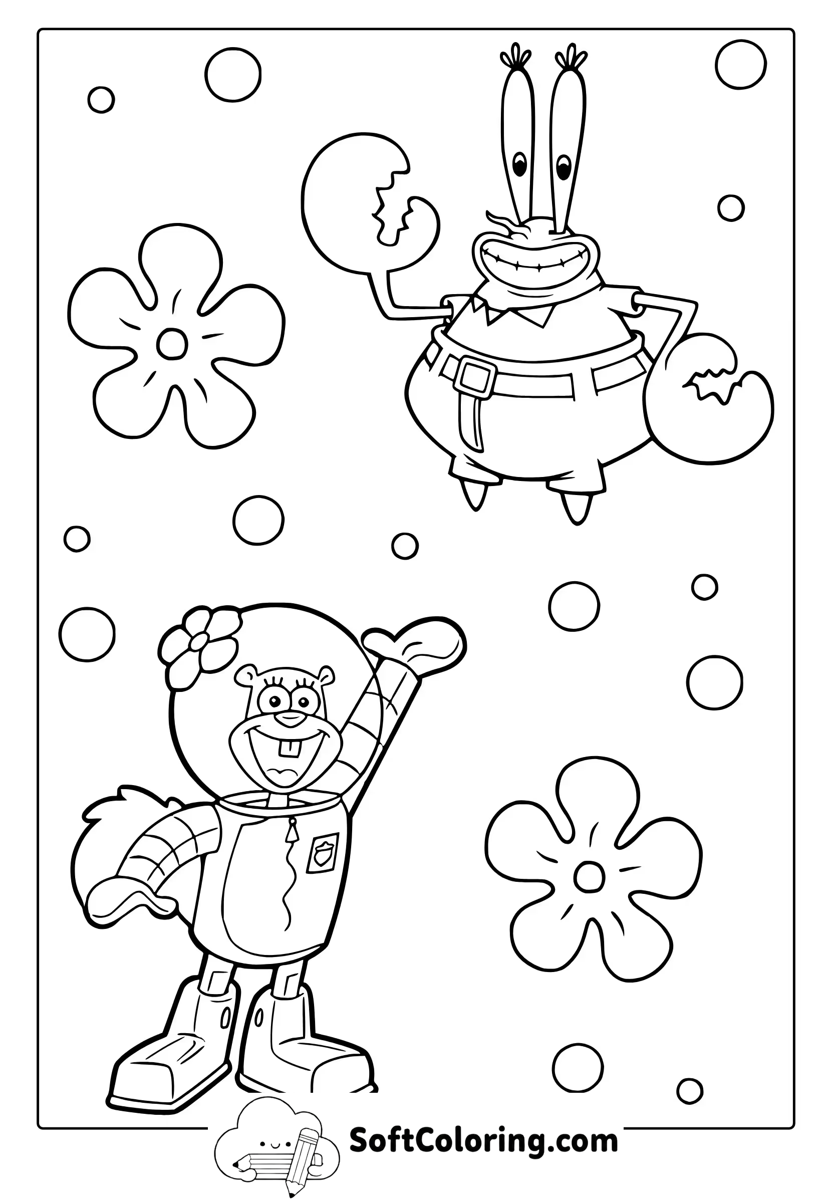 Sandy The Squirrel and Mr. Krabs Coloring Page