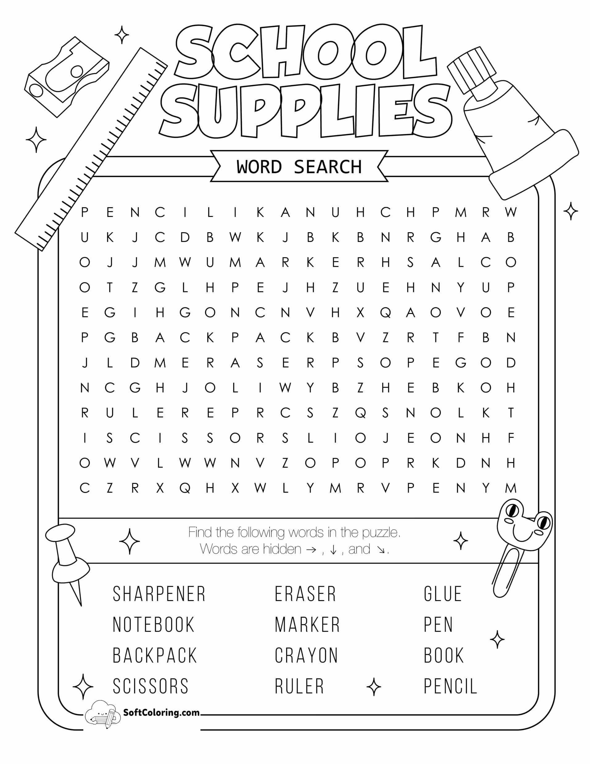 School Supplies Word Search Puzzle
