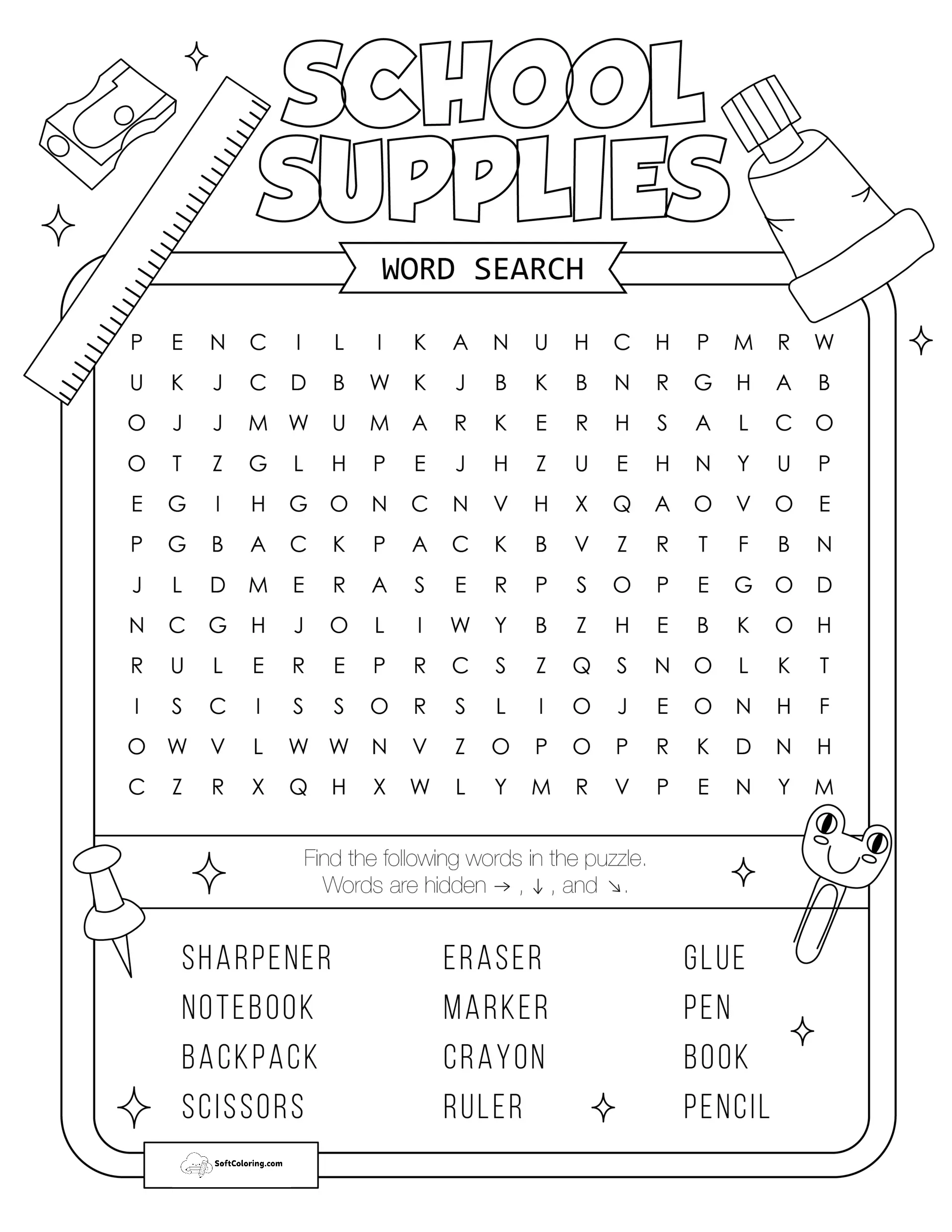 School Supplies Word Search Puzzle