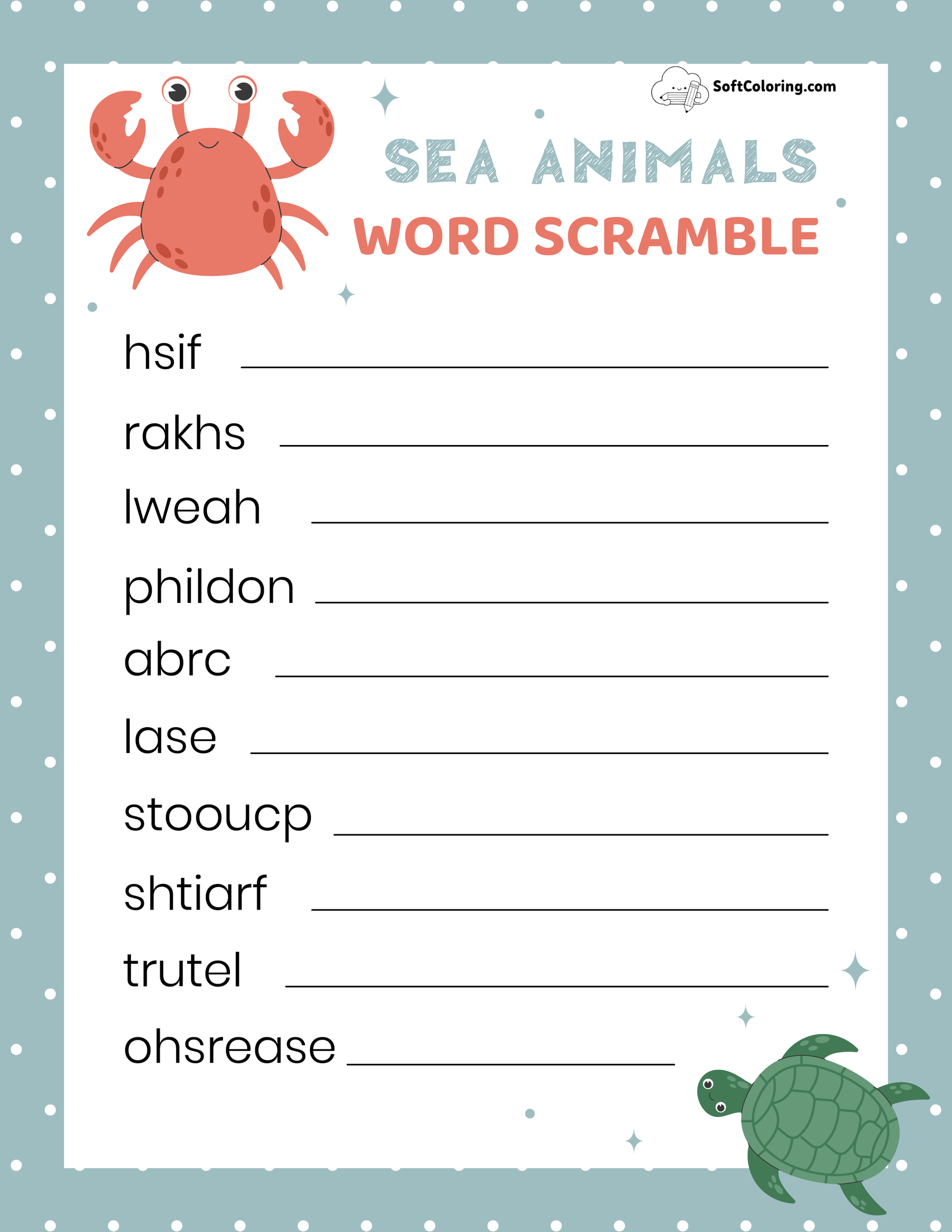Sea Animals Word Scramble