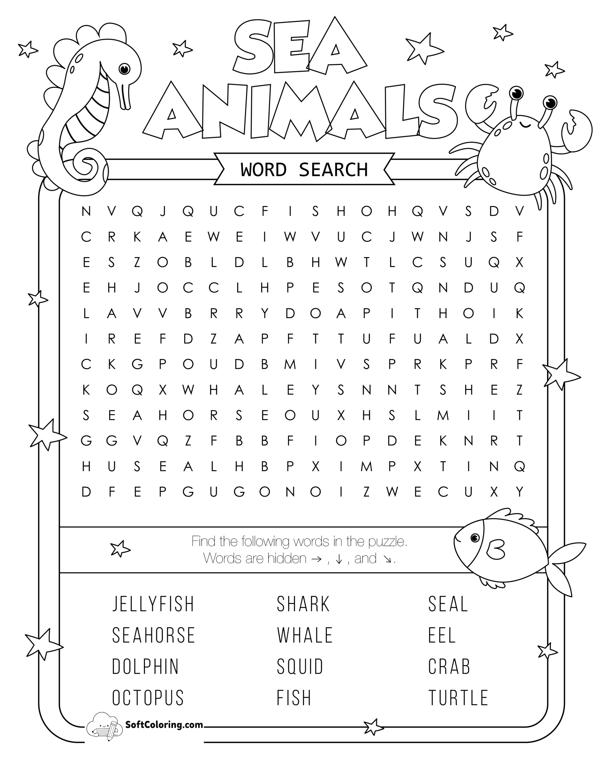 Sea Animals Word Search Puzzle