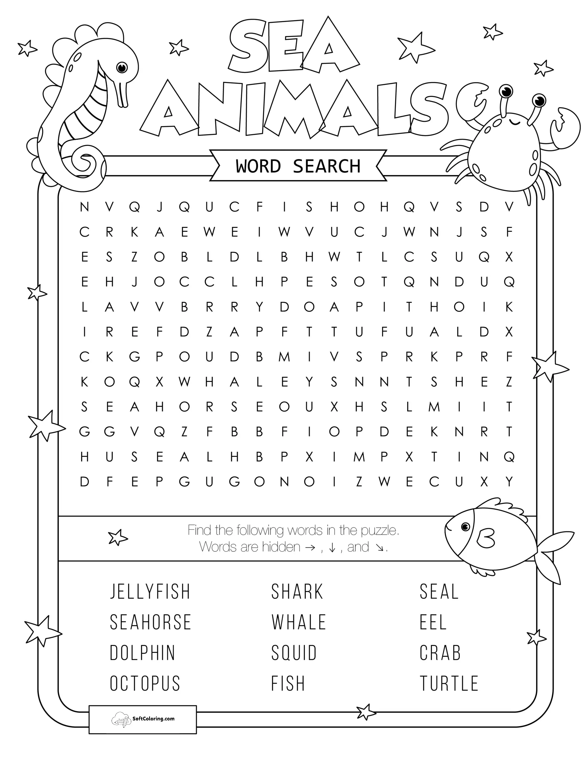 Sea Animals Word Search Puzzle