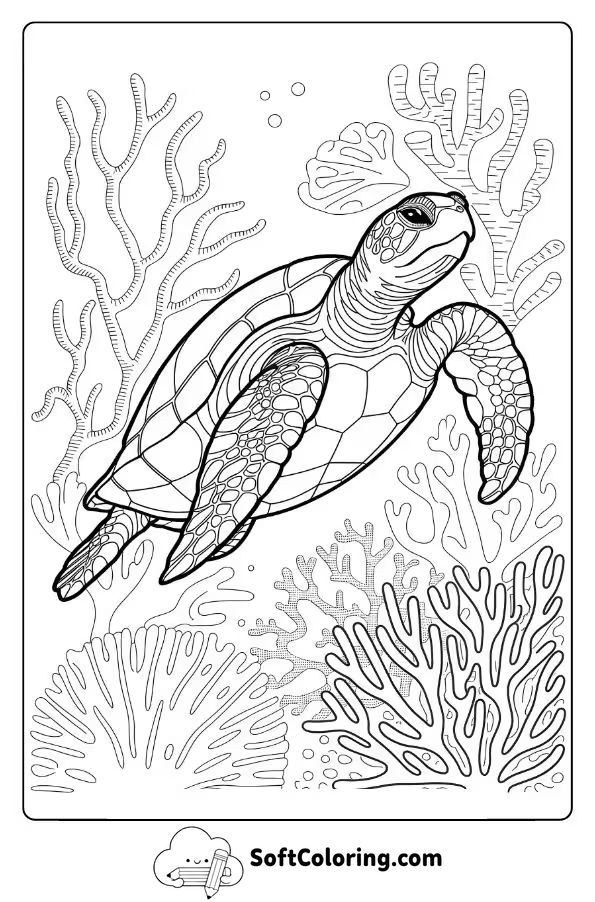 Sea Turtle Swimming Through Coral