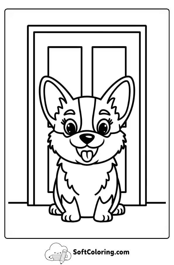 Smiling Corgi in Front of a Door