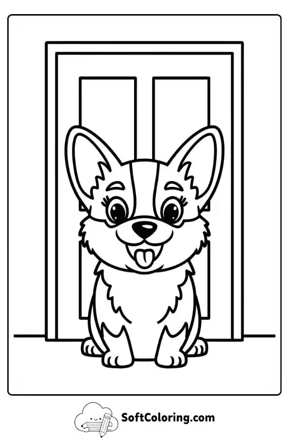 Smiling Corgi In Front Of A Door