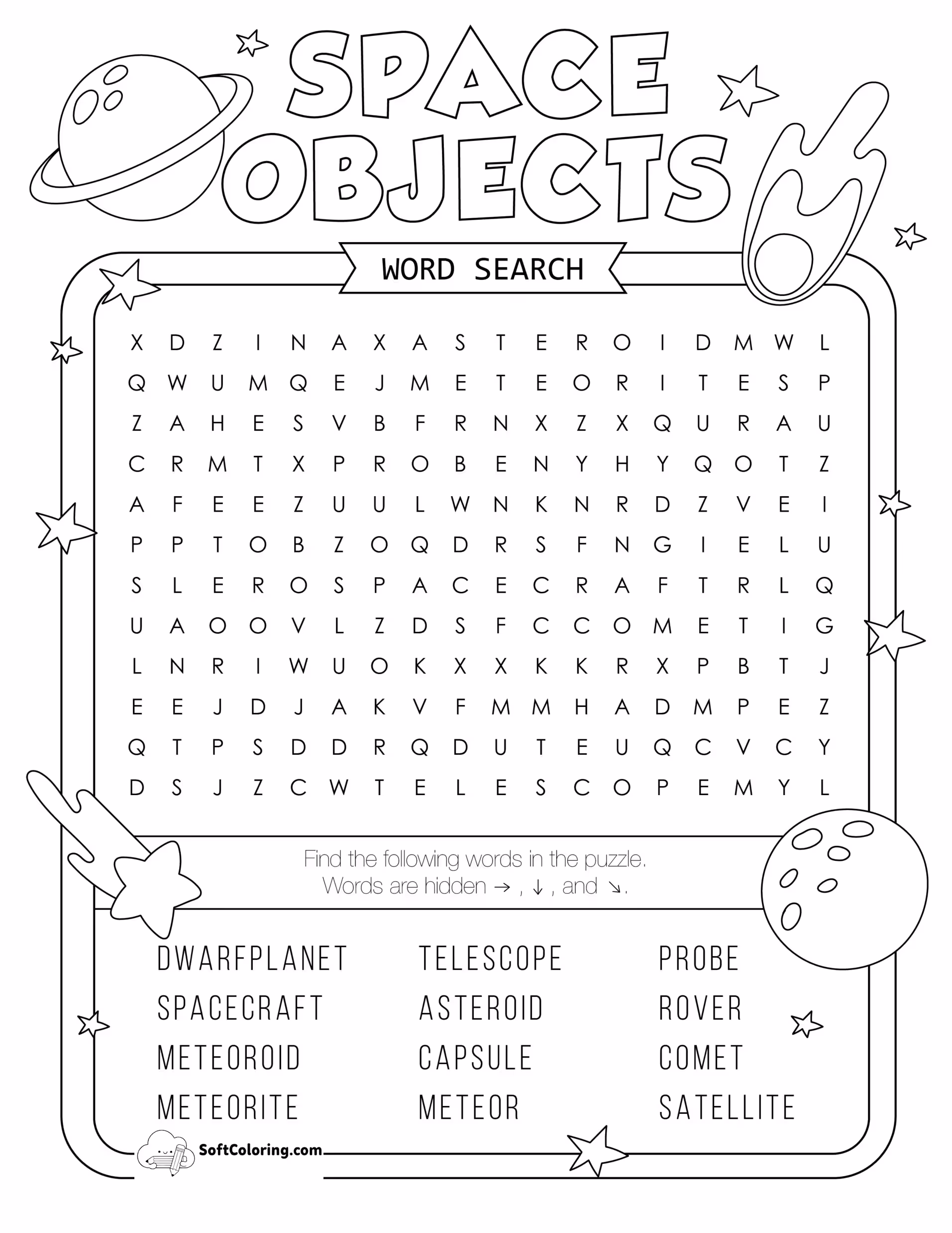 Space Objects Word Search Puzzle