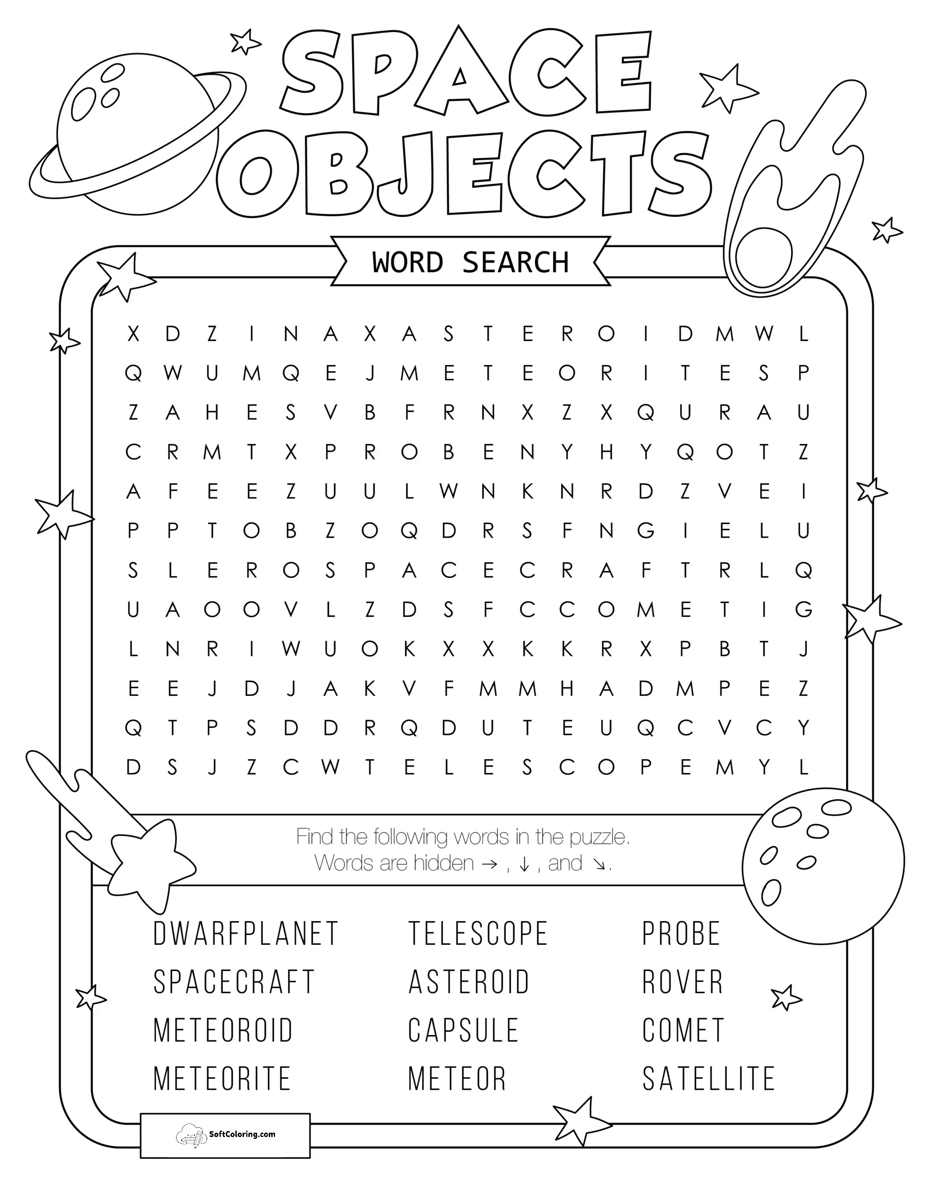 Space Objects Word Search Puzzle