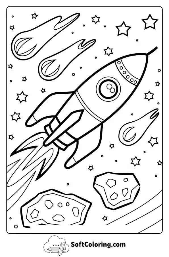 Space Rocket Soaring past Comets and Asteroids