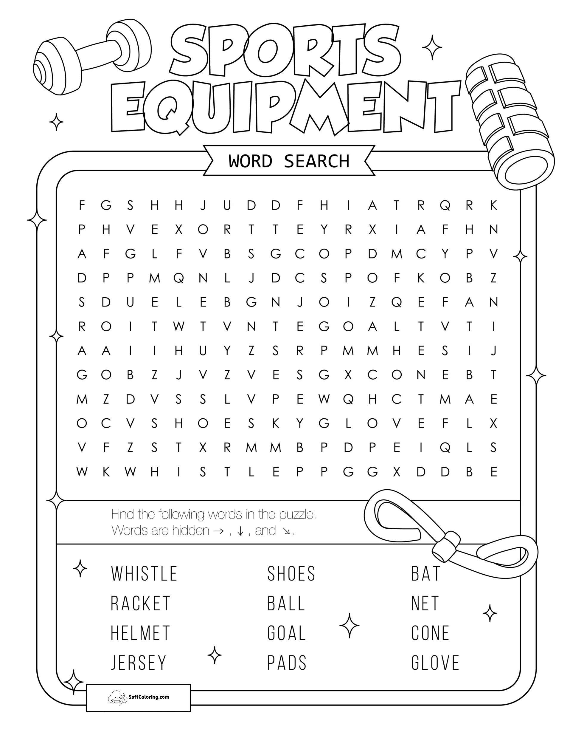 Sports Equipment Word Search Puzzle