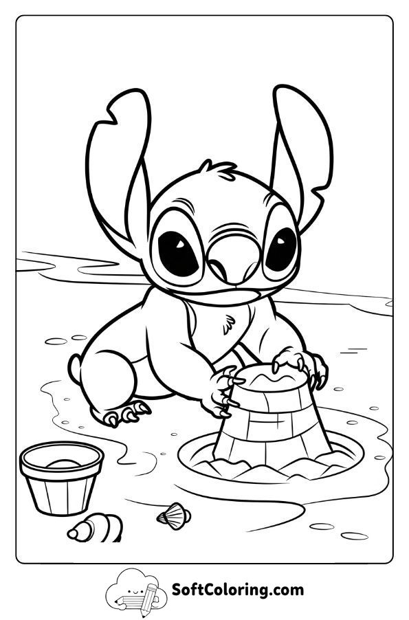 Stitch Building a Sandcastle