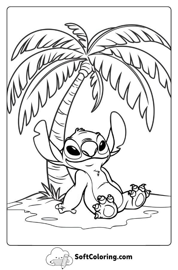 Stitch Relaxing Under a Palm Tree