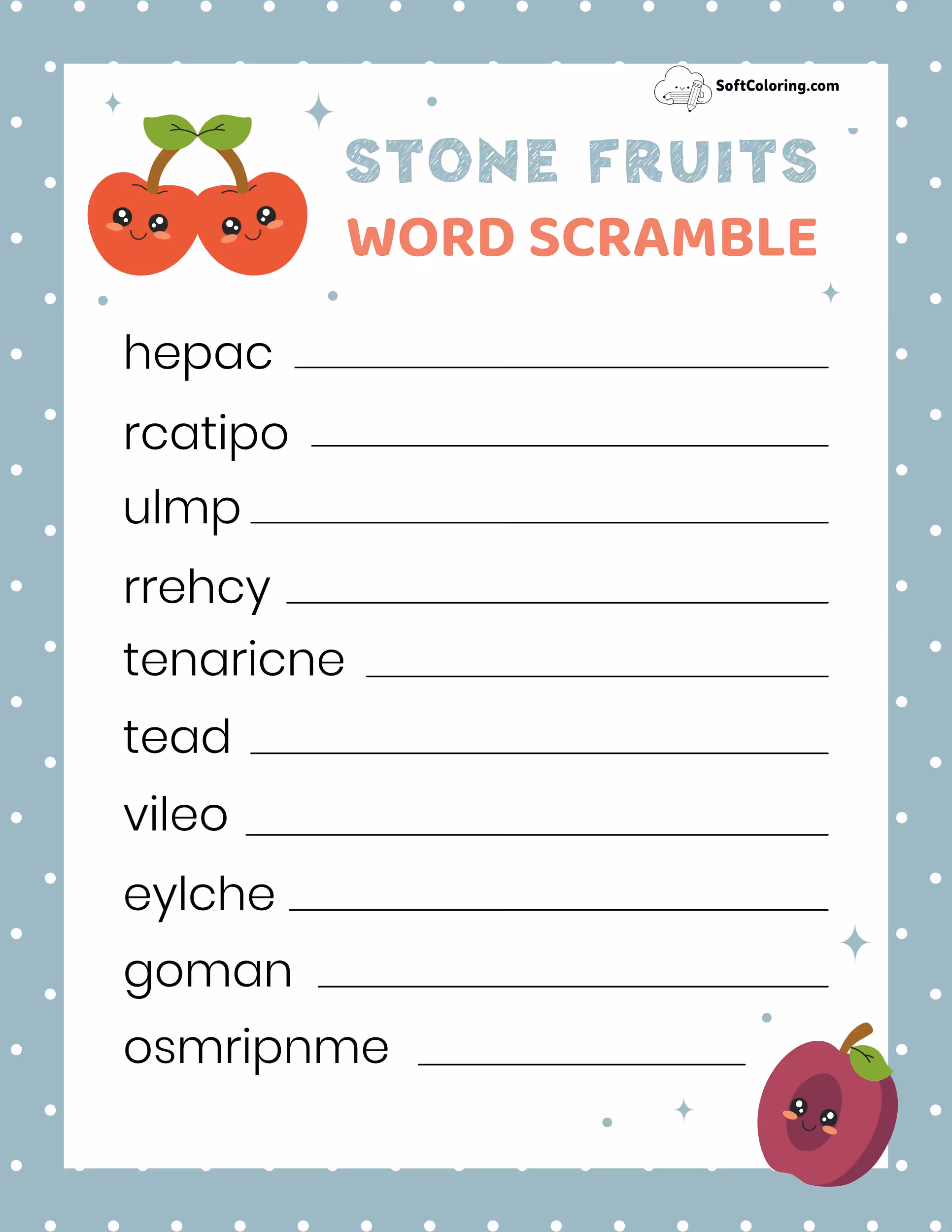 Stone Fruits Word Scramble