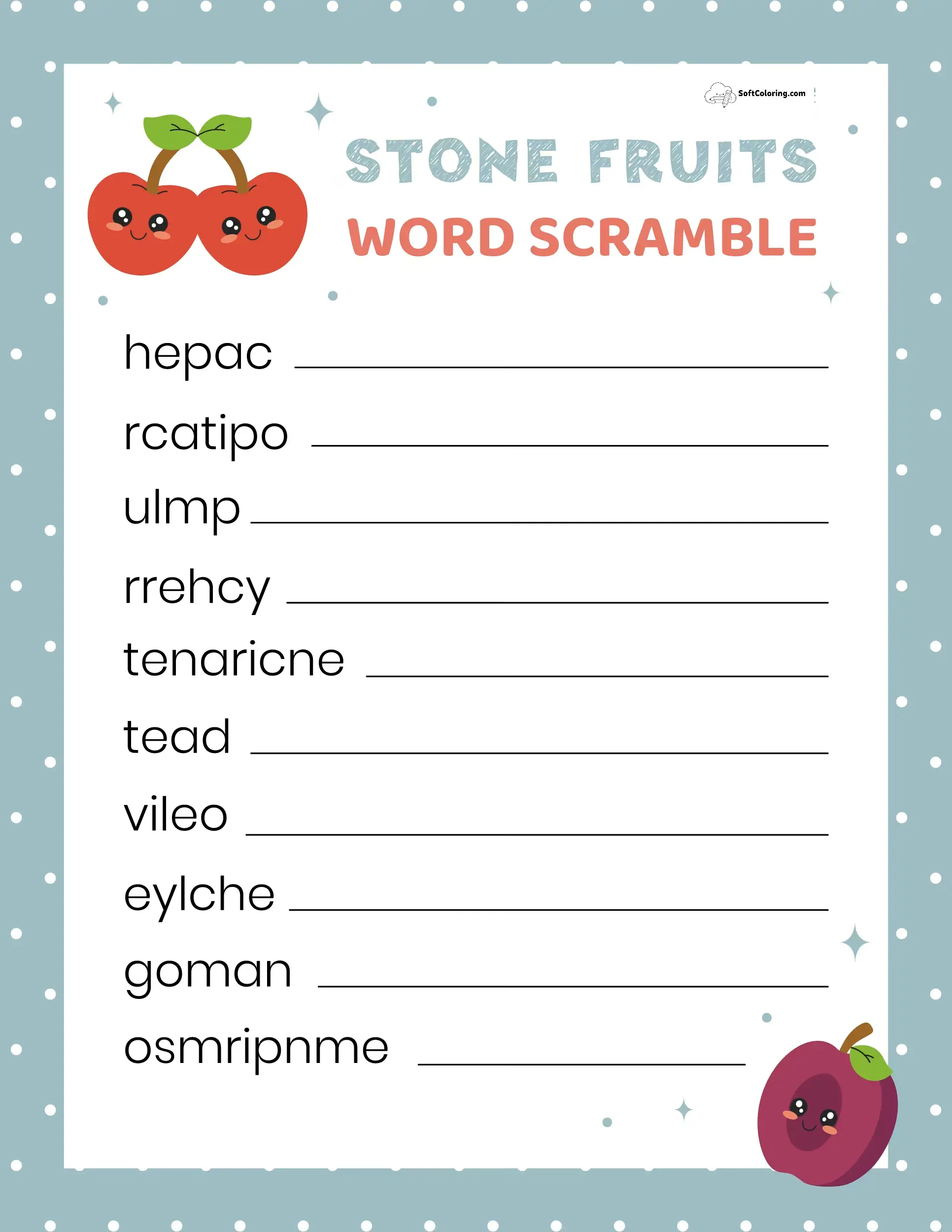 Stone Fruits Word Scramble