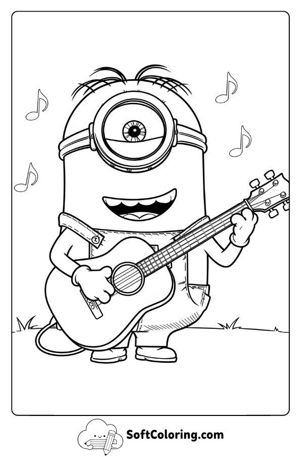 Cute minion playing the guitar coloring page