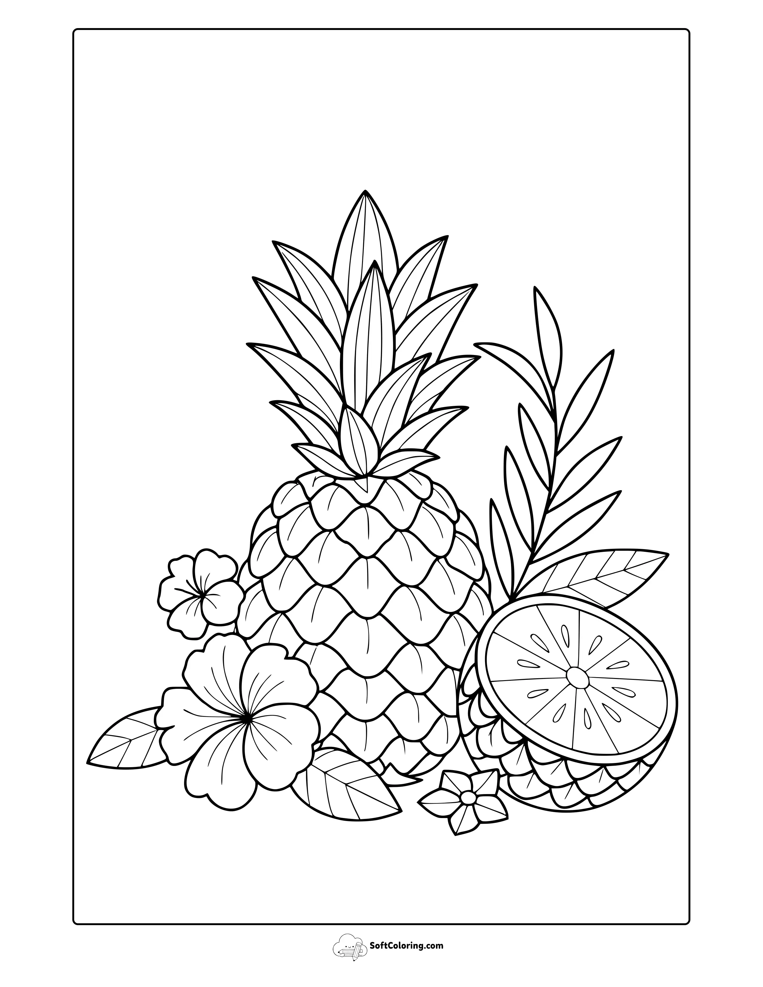 Summer Pineapple And Plants Coloring Page