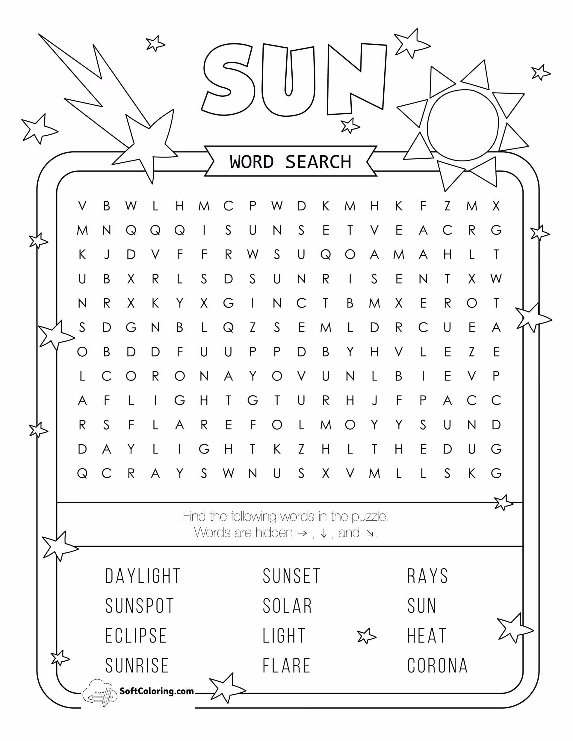 Sun Word Search Puzzle