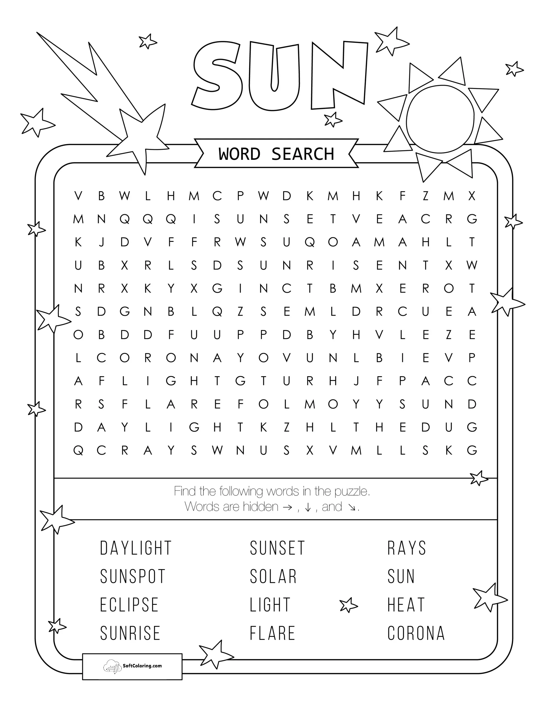 Sun Word Search Puzzle