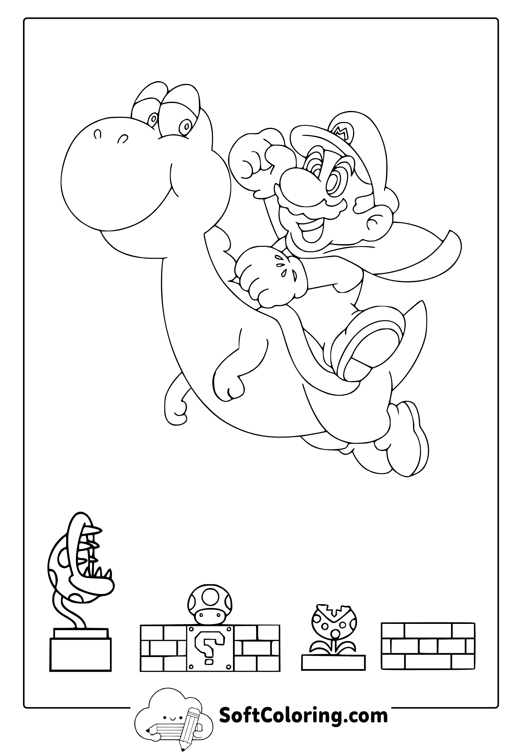 Super Mario Flying On Yoshi Coloring Page