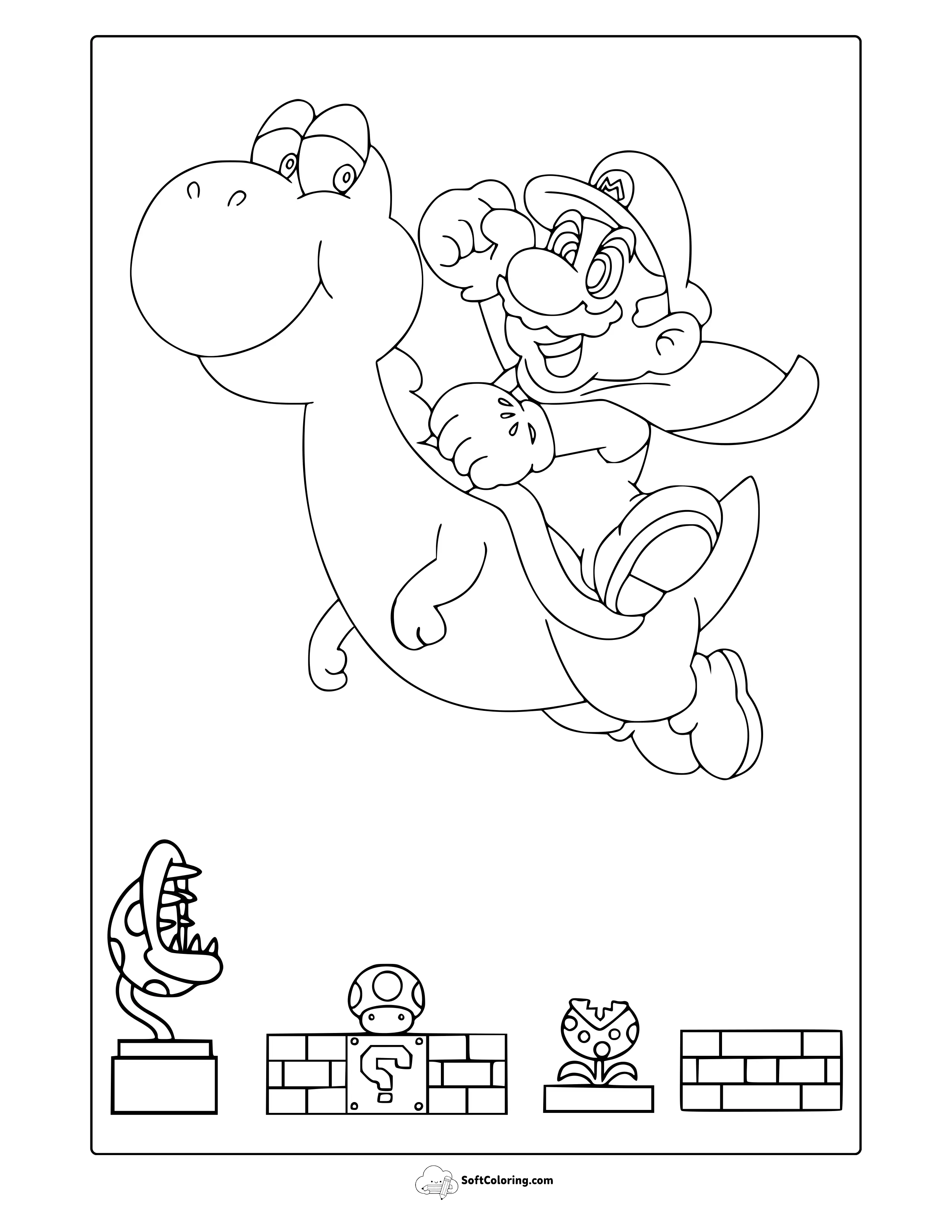 Super Mario Flying On Yoshi Coloring Page