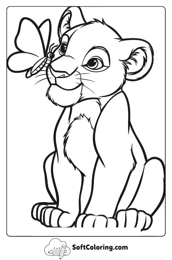 Sweet Lion Cub Sitting With A Butterfly