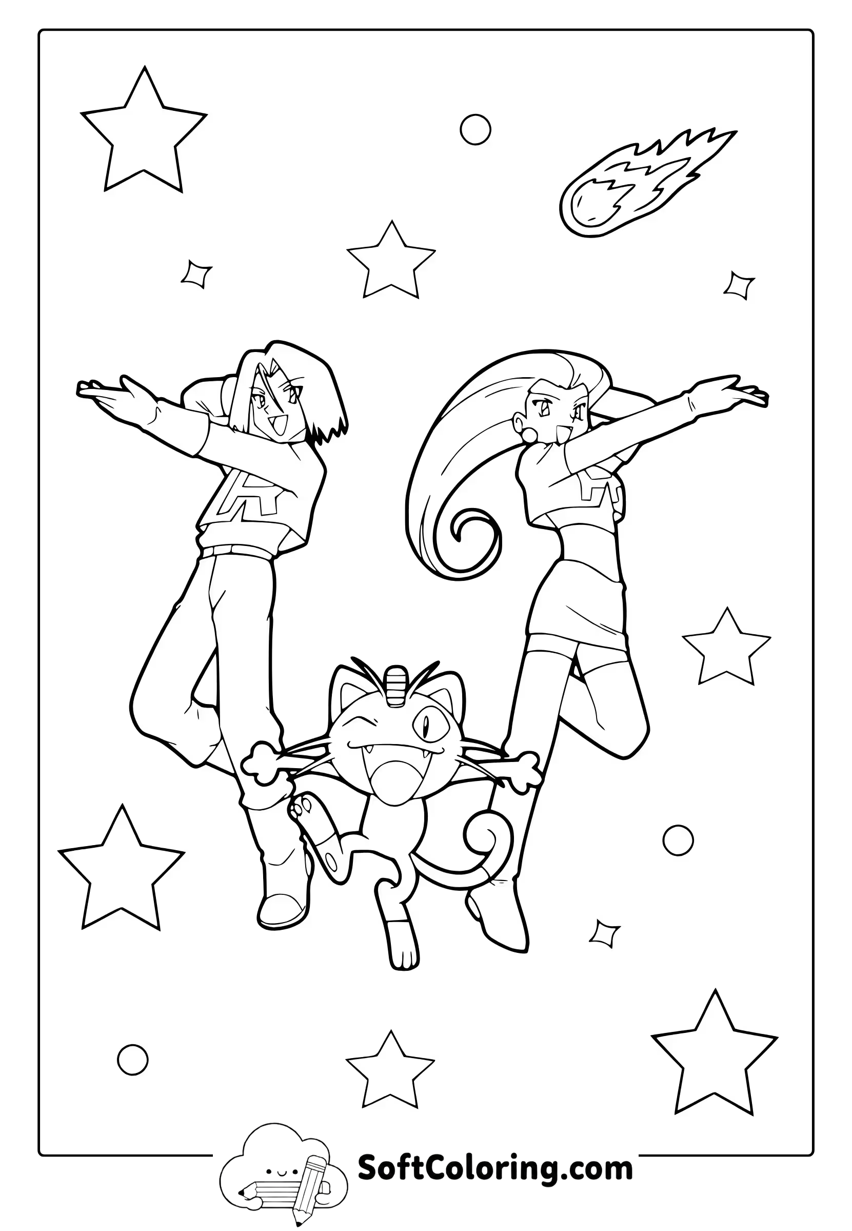 Team Rocket Jessie, James, and Meowth From Pokemon Coloring Page