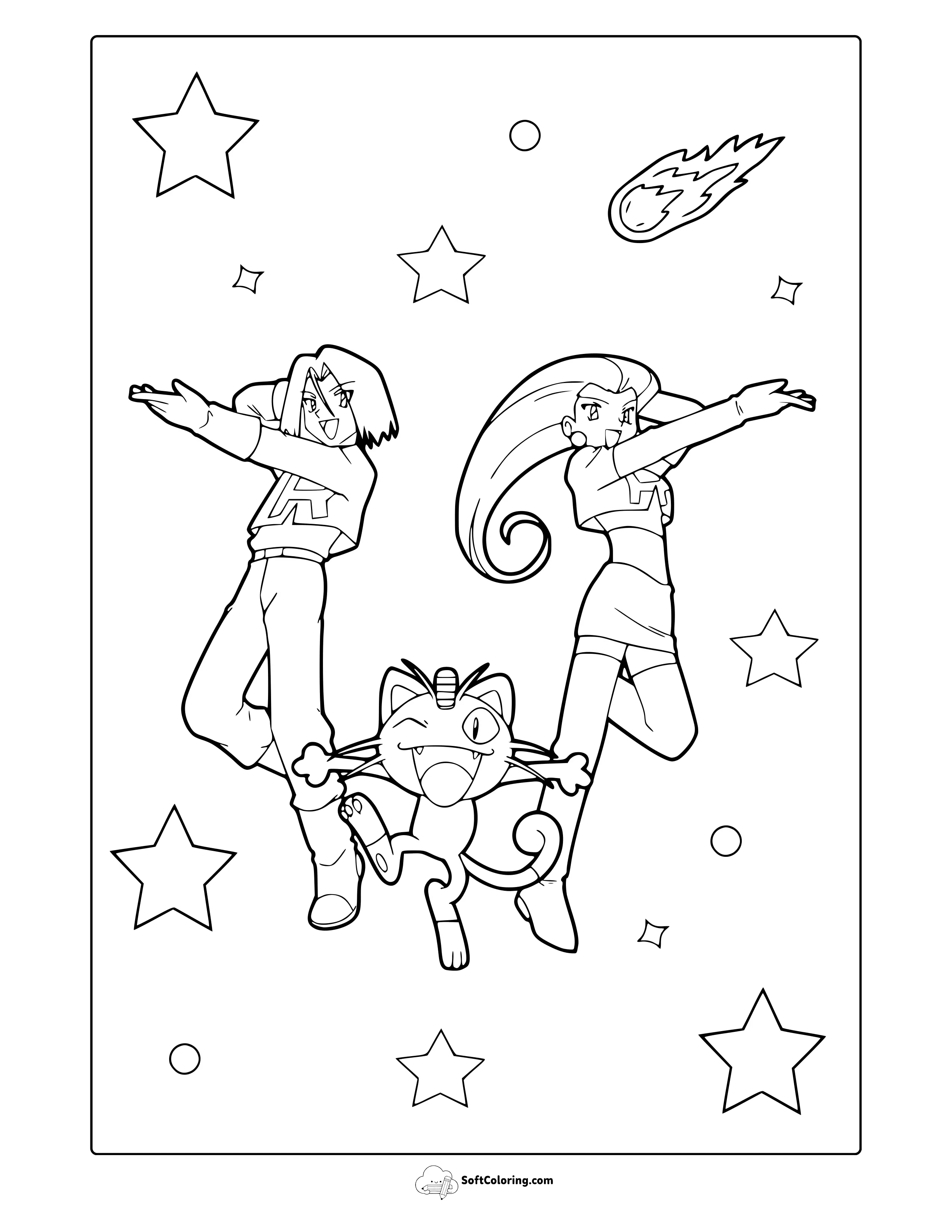 Team Rocket Jessie, James, And Meowth From Pokemon Coloring Page