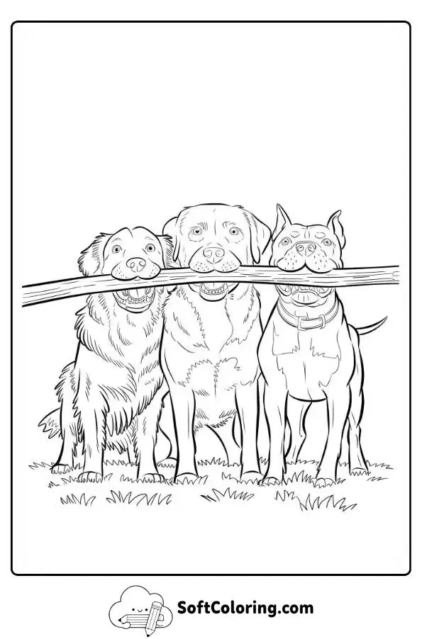 Three Dogs Playing With A Big Stick