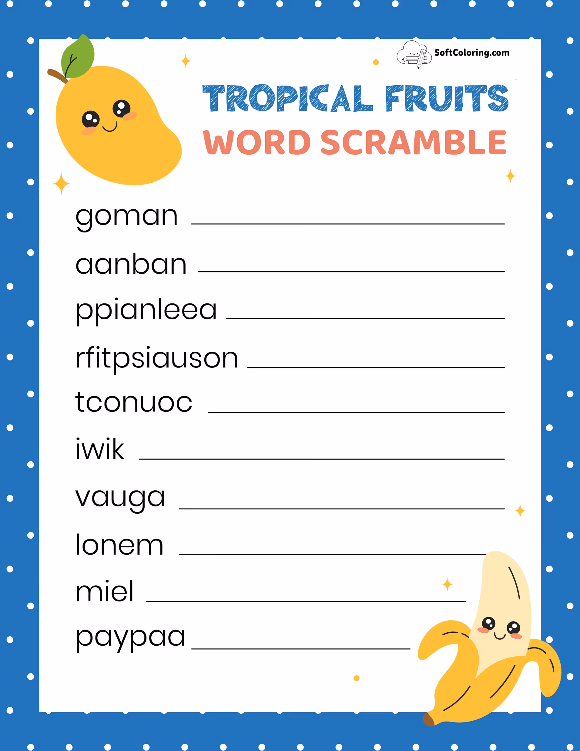 Tropical Fruits Word Scramble