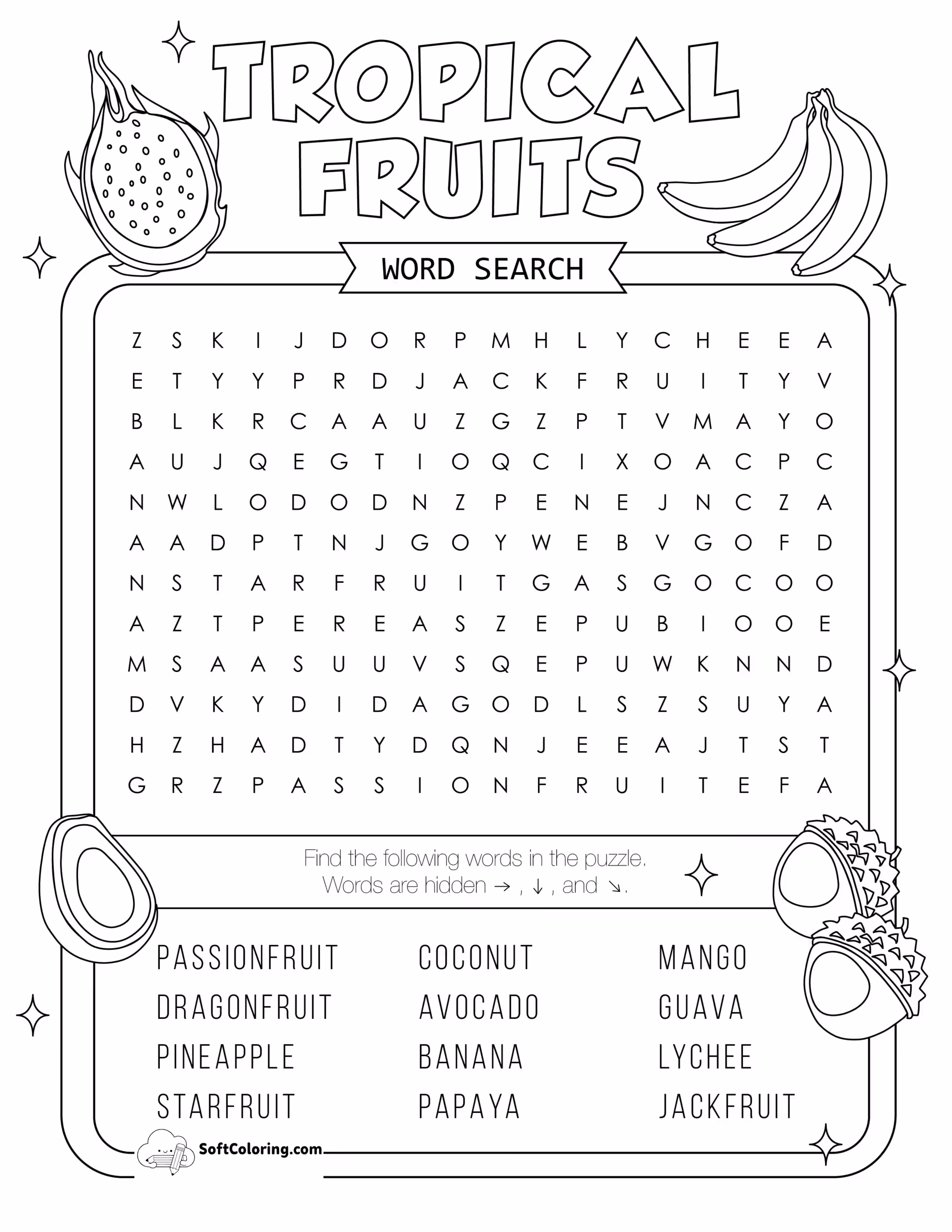 Tropical Fruits Word Search Puzzle