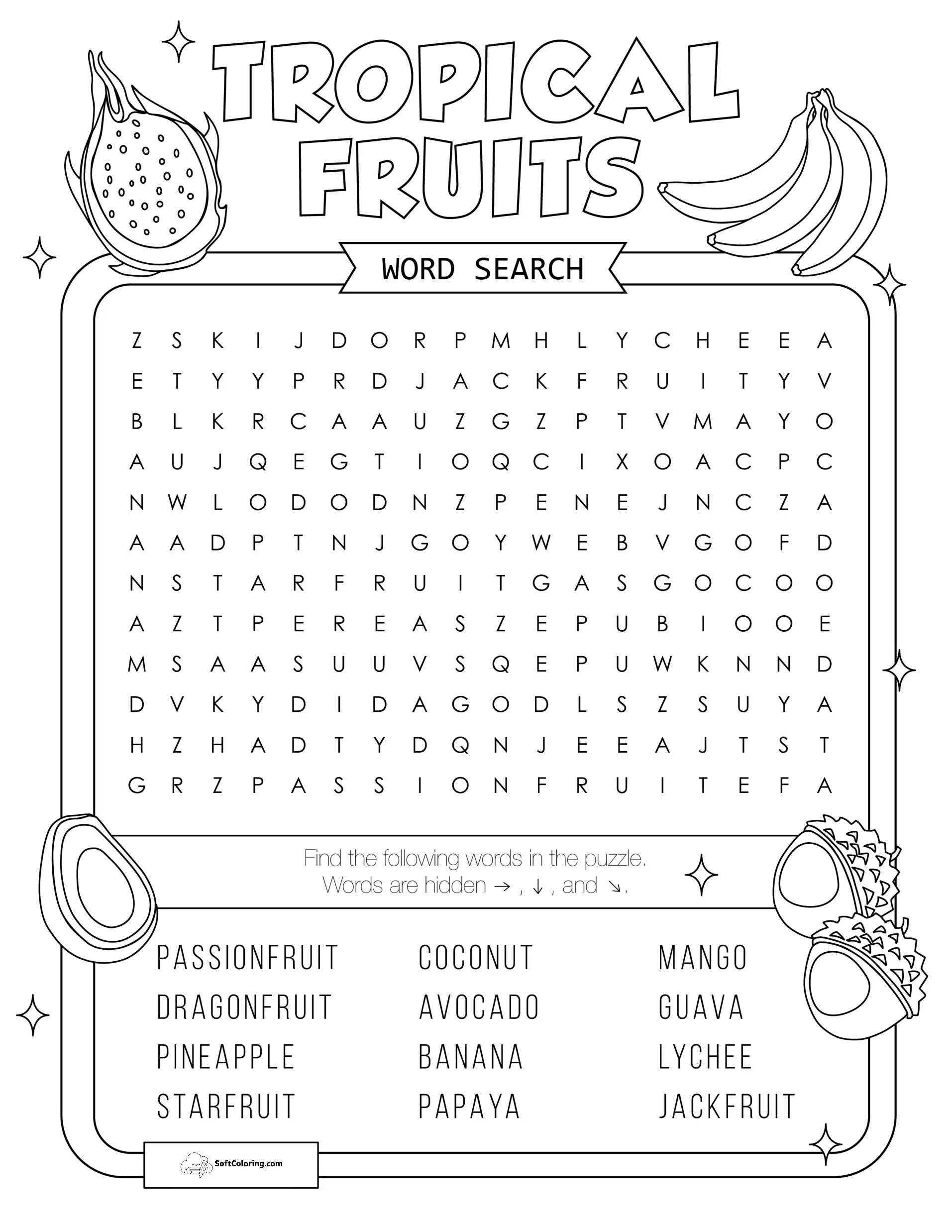 Tropical Fruits Word Search Puzzle