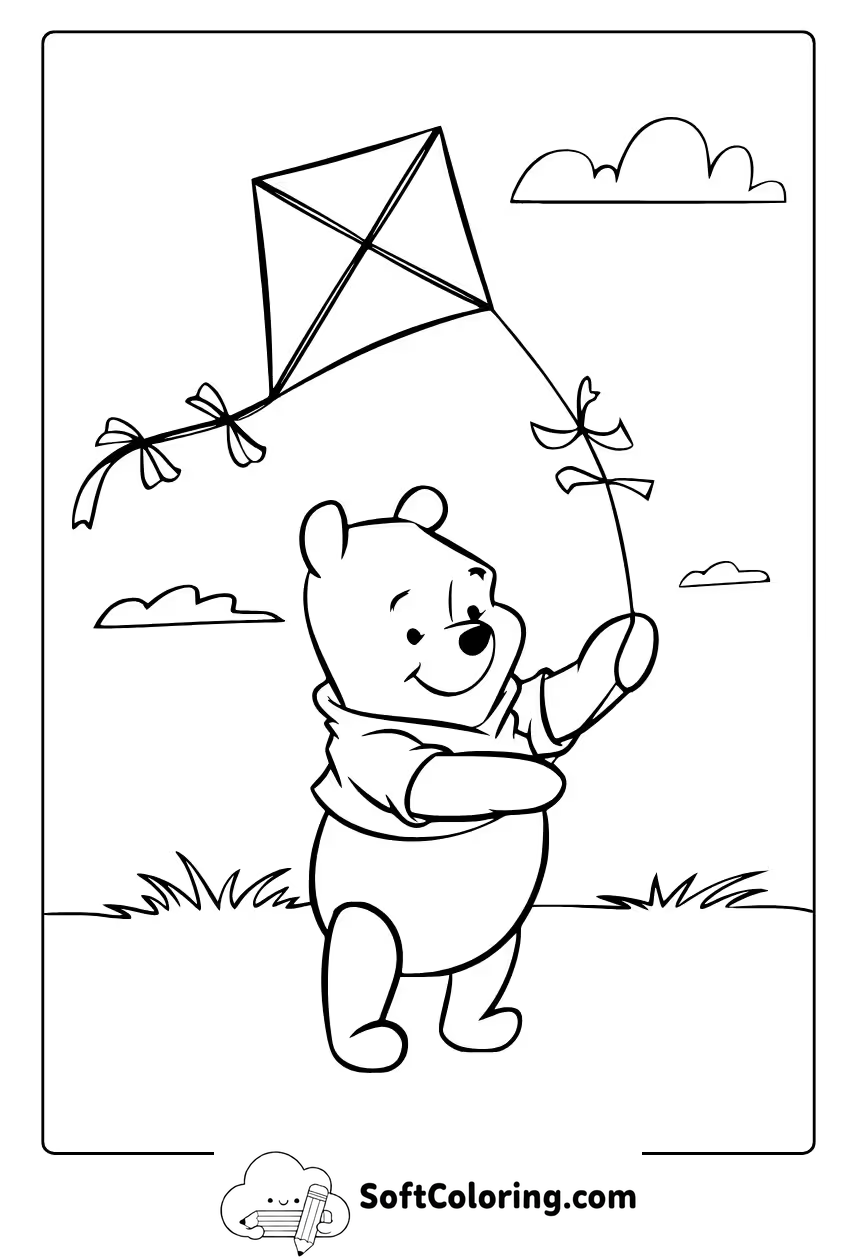 Winnie the Pooh Flying a Kite Coloring Page