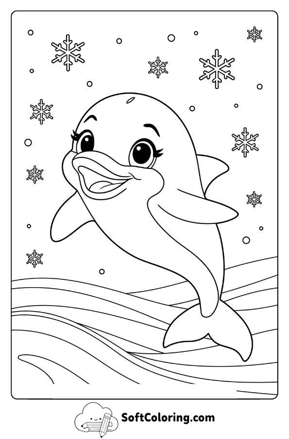 Winter the Dolphin in a Snowy Ocean Scene