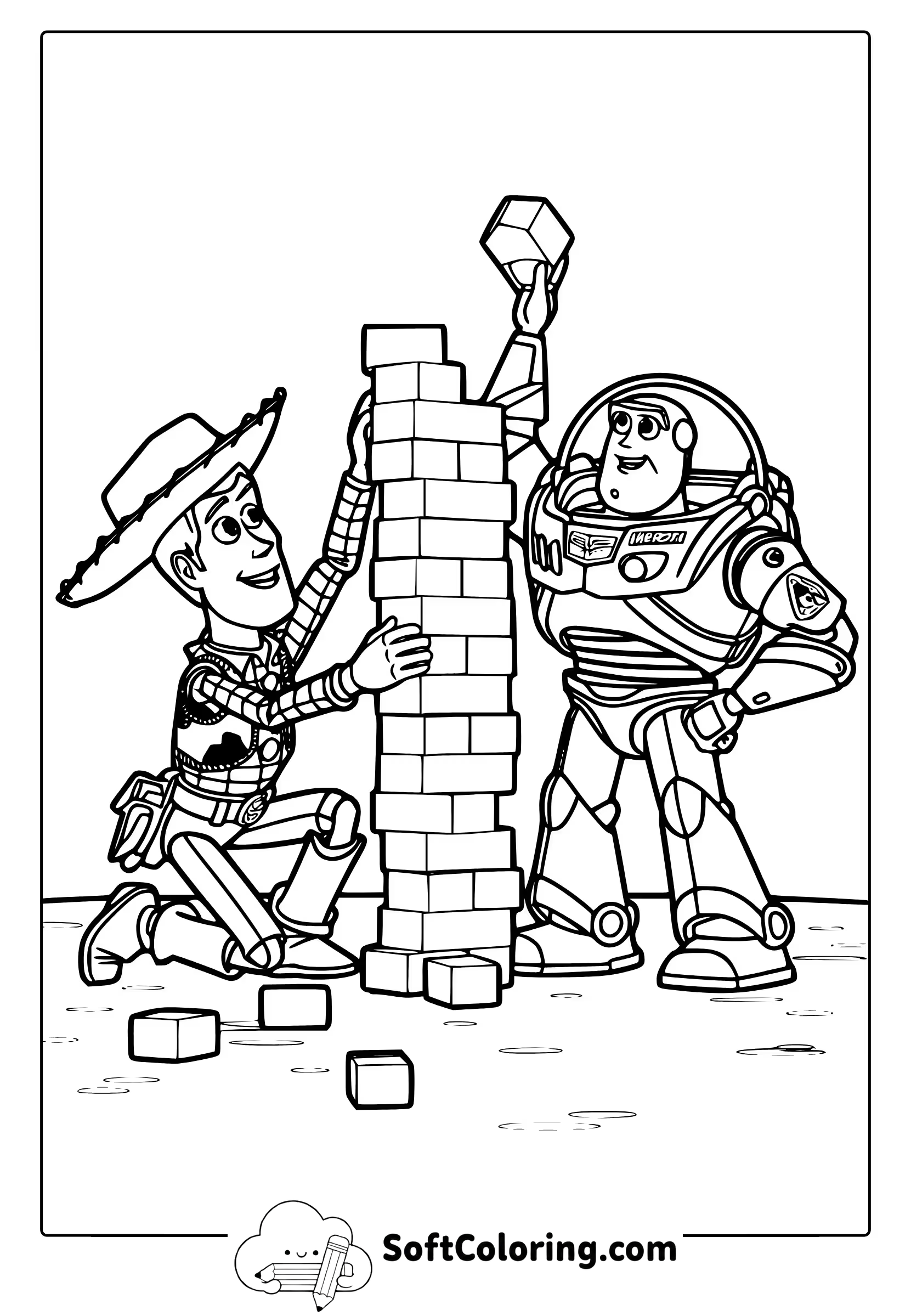 Woody and Buzz building a tower coloring page