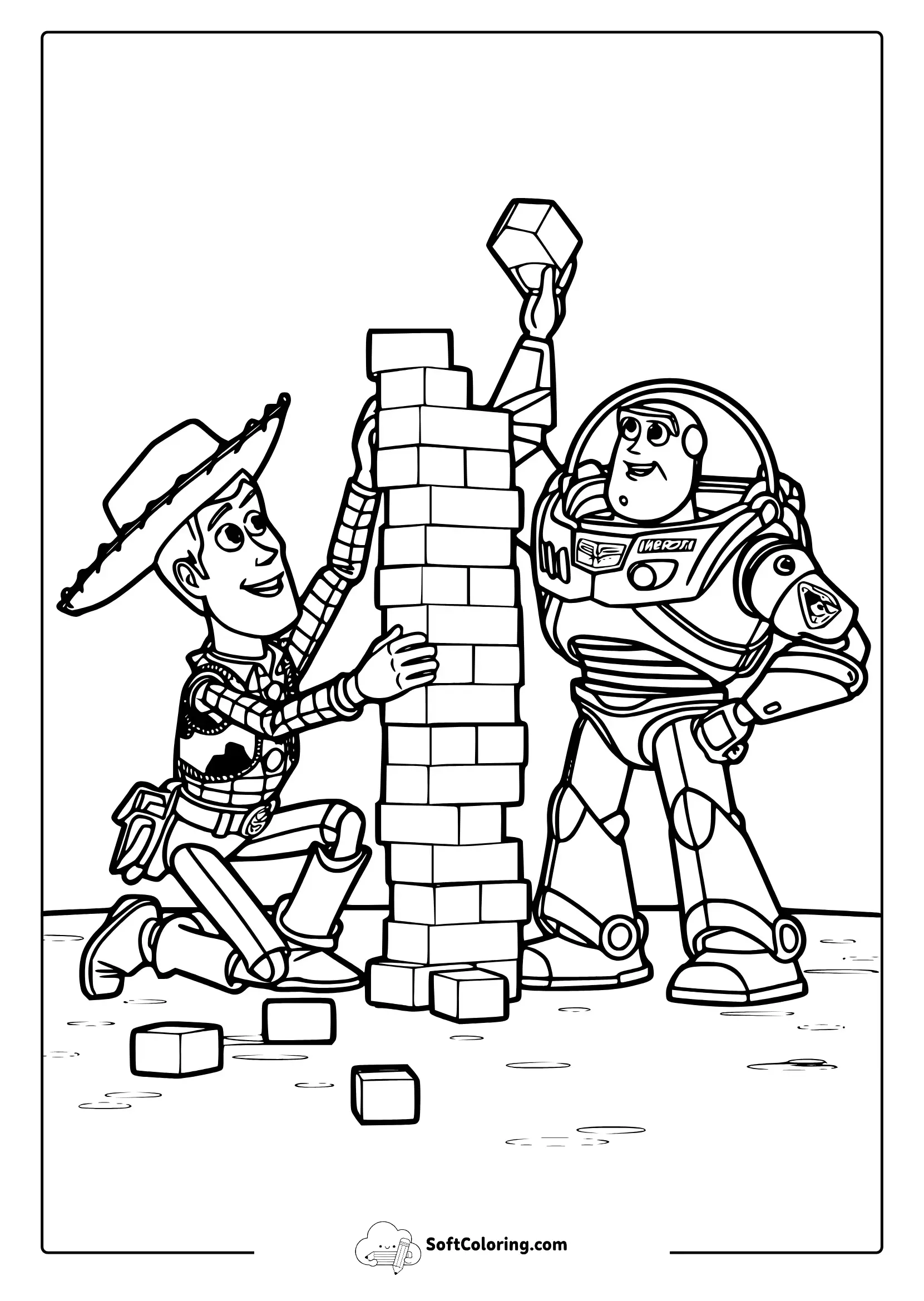 Woody And Buzz Building A Tower Coloring Page