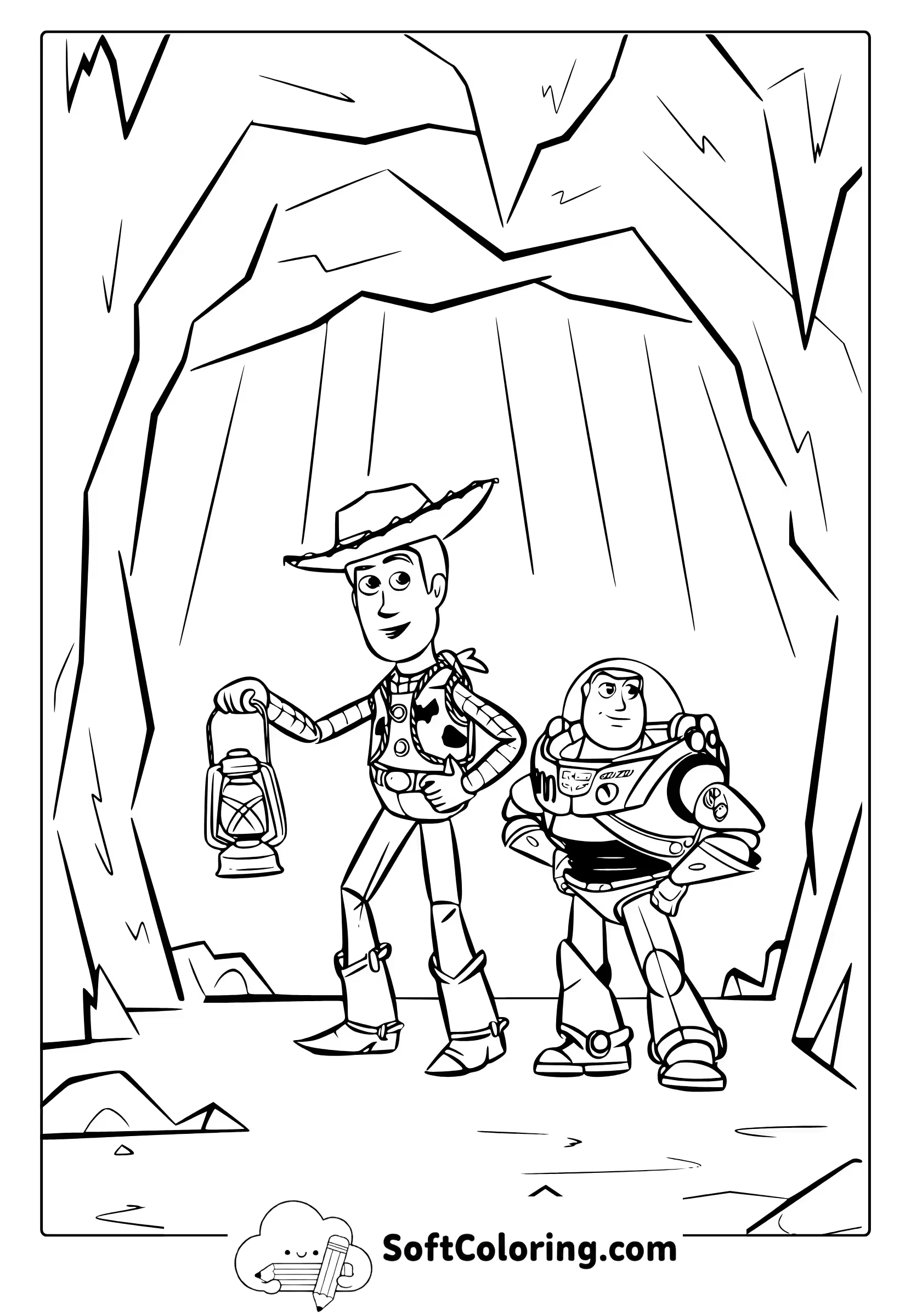 Woody and Buzz exploring a cave coloring page