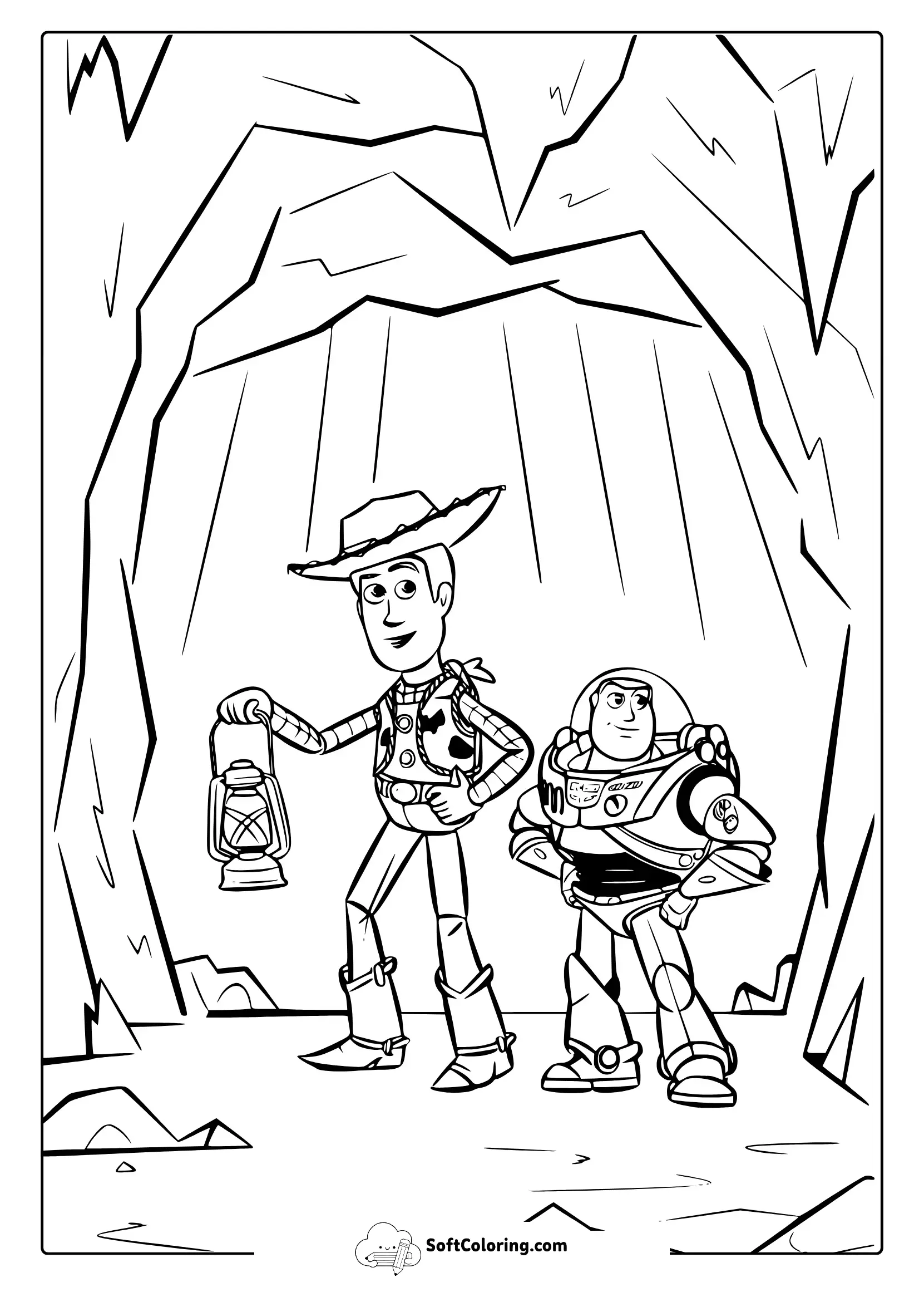 Woody And Buzz Exploring A Cave Coloring Page