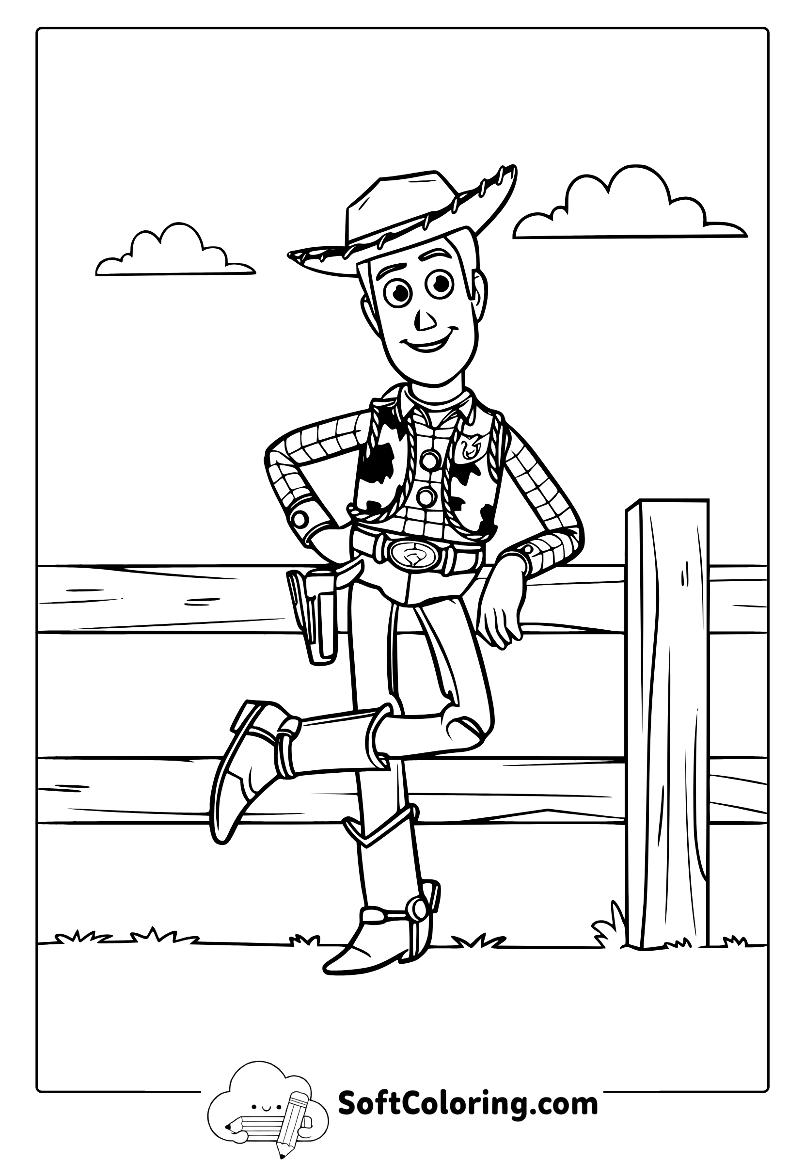 Woody leaning on a fence coloring page