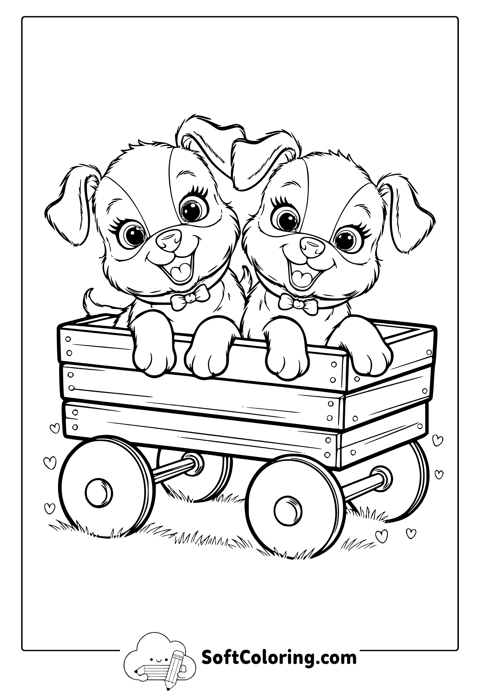 Adorable Puppies In A Wooden Wagon Coloring Page