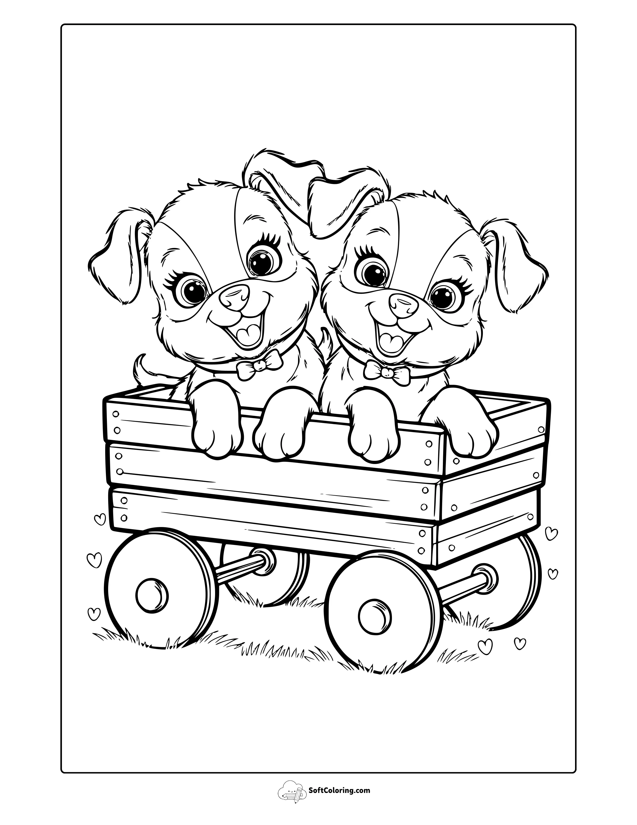 Adorable Puppies In A Wooden Wagon Coloring Page