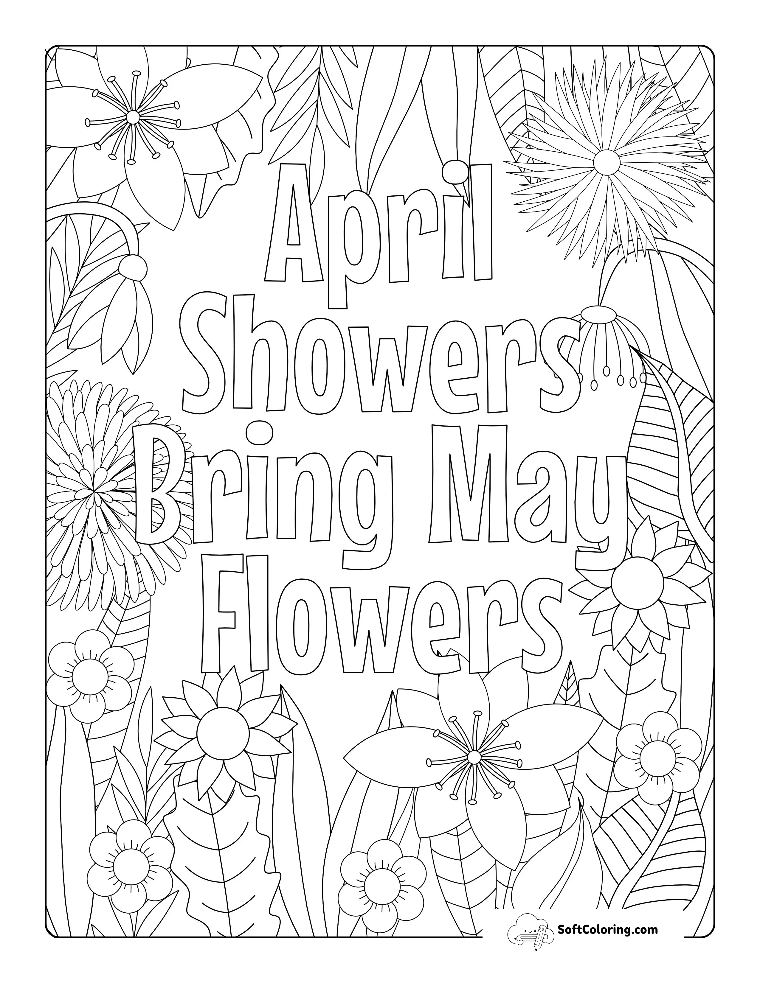 "April Showers" Large Print Coloring Page For Seniors