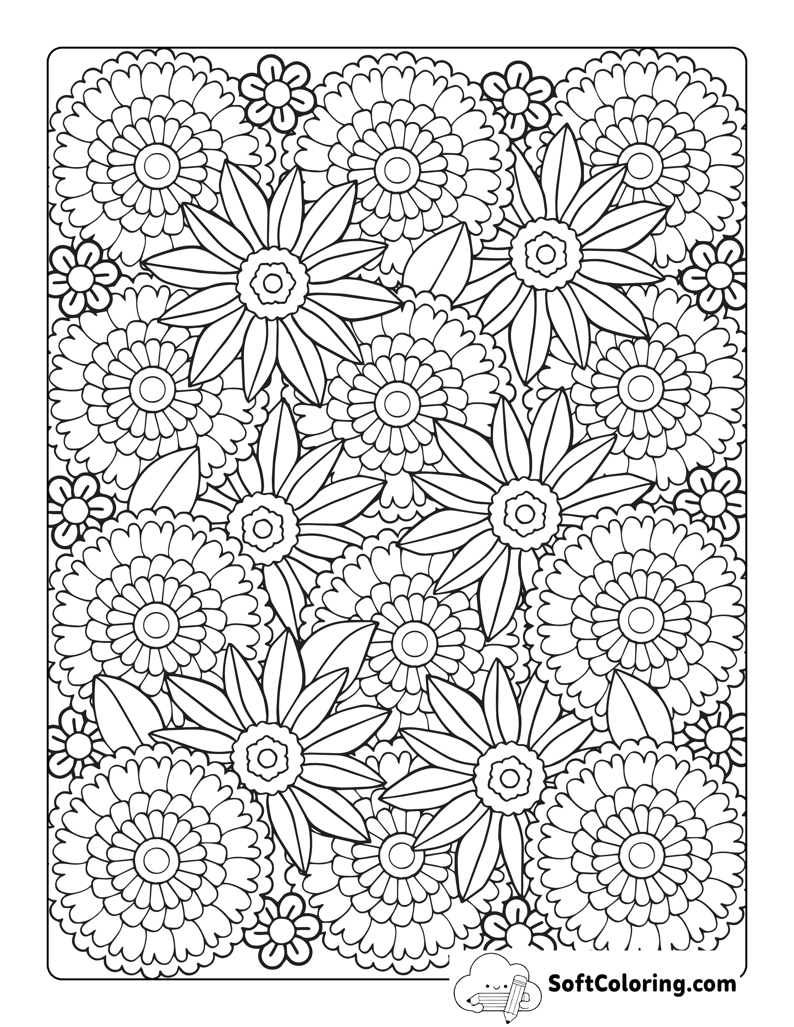 Patterned Sunflower Coloring Page for Adults