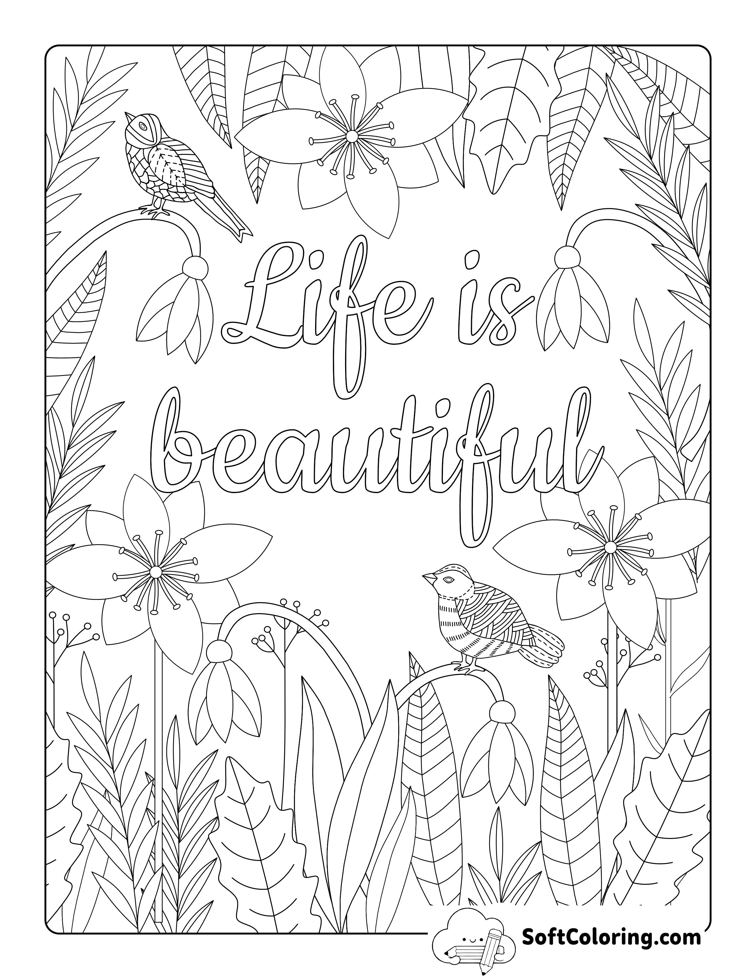 "Life is Beautiful" Flower Garden Coloring Sheet