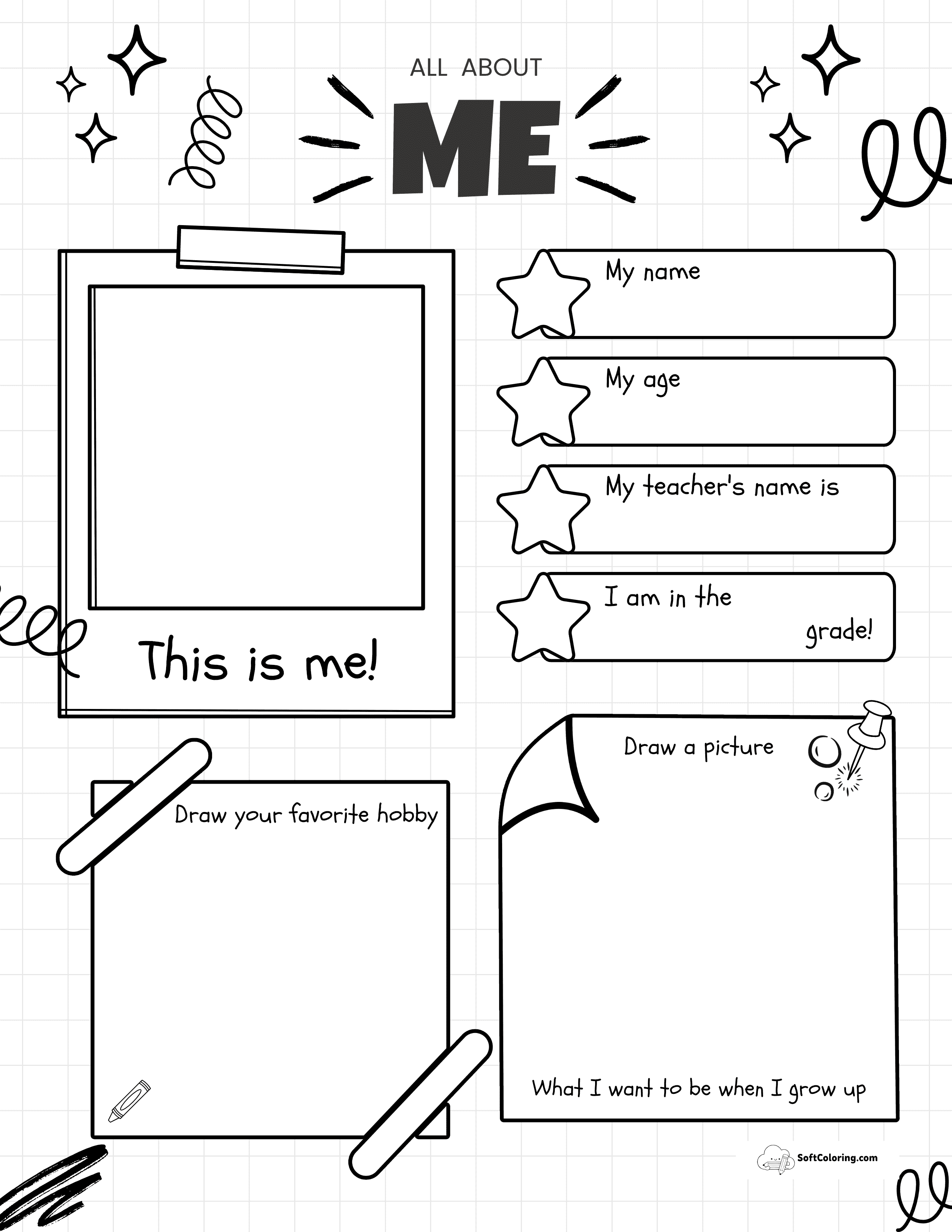 Elementary School All About Me Worksheet With Doodles