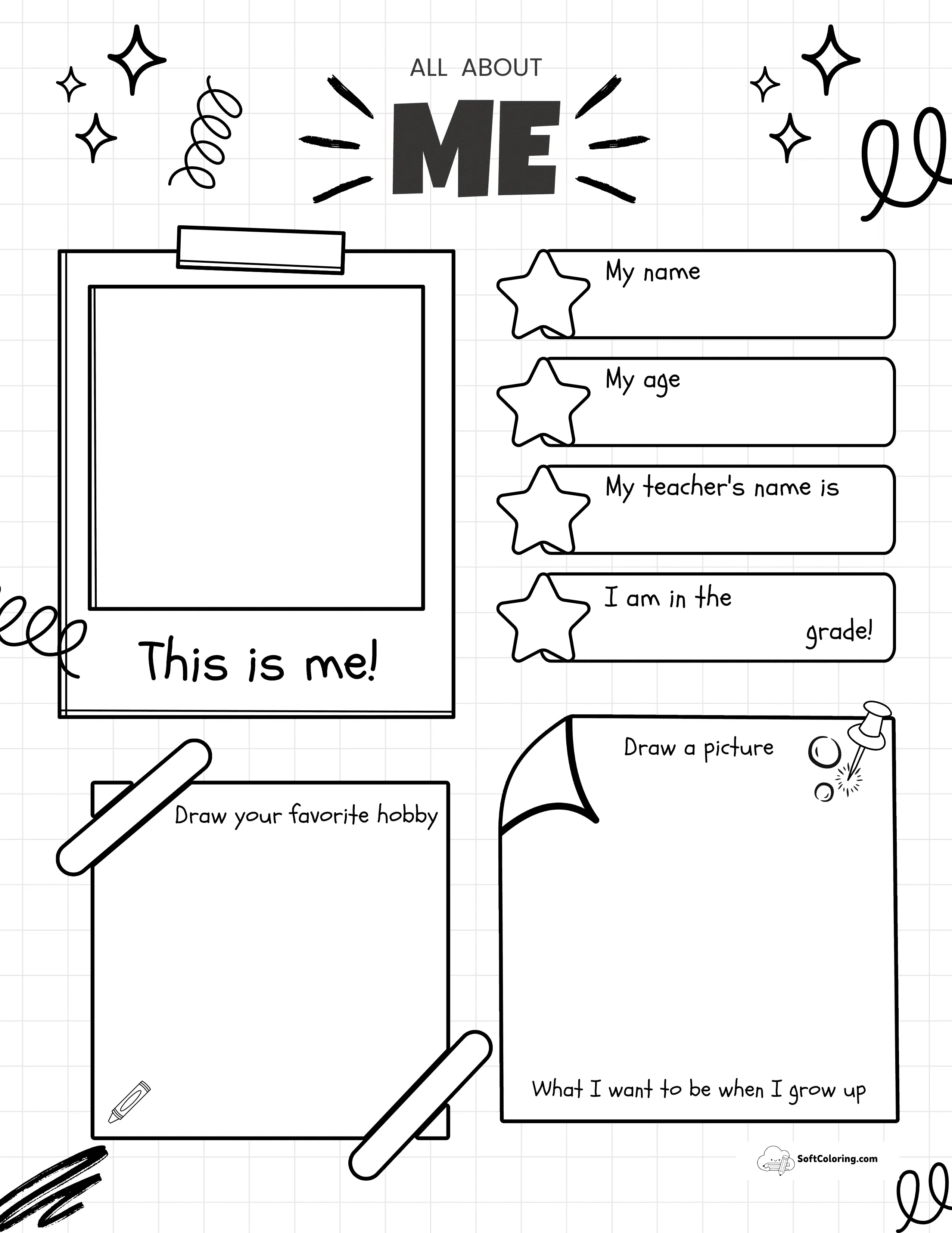 Elementary School All About Me Worksheet With Doodles